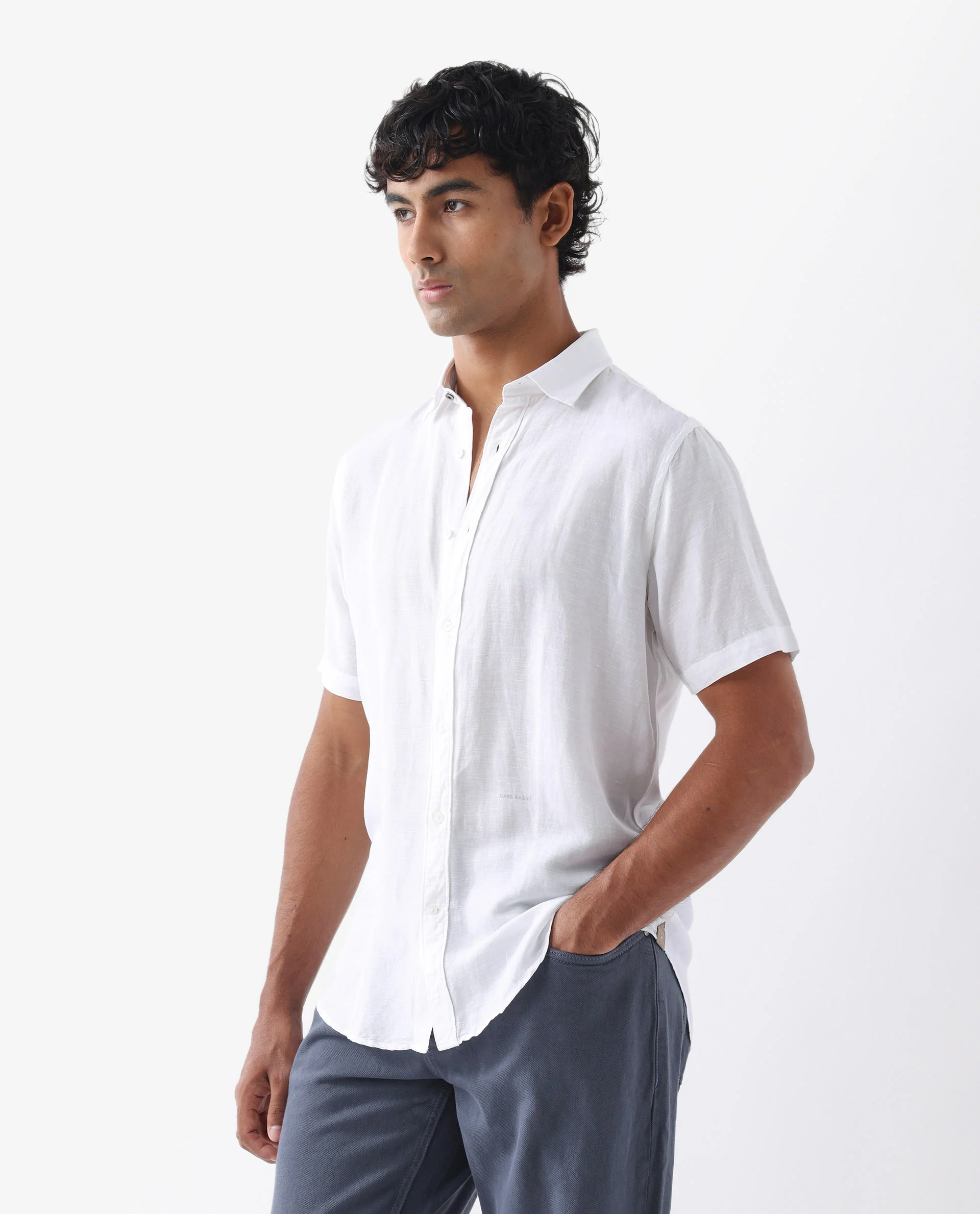 Rare Rabbit Men's Mik White Linen Blend Plain Regular Fit Half Sleeve Collared Shirt - Image 5