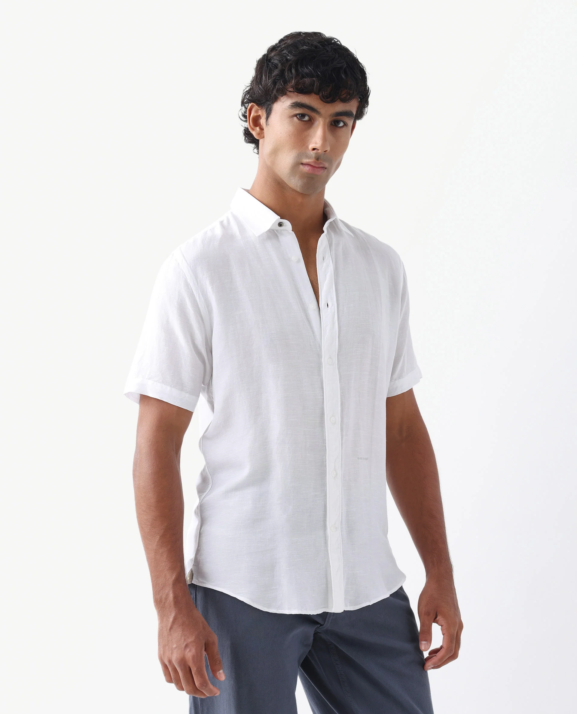 Rare Rabbit Men's Mik White Linen Blend Plain Regular Fit Half Sleeve Collared Shirt - Image 6