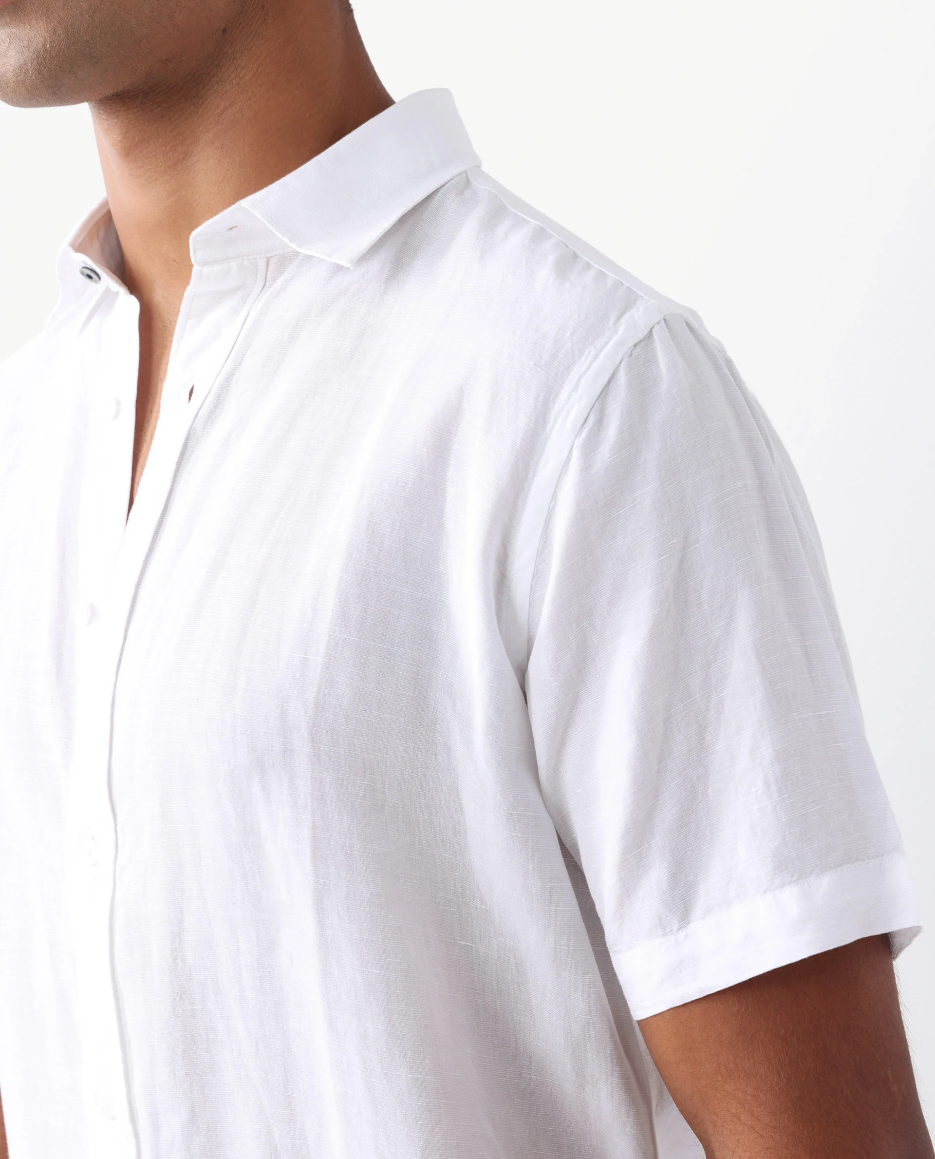Rare Rabbit Men's Mik White Linen Blend Plain Regular Fit Half Sleeve Collared Shirt - Image 7