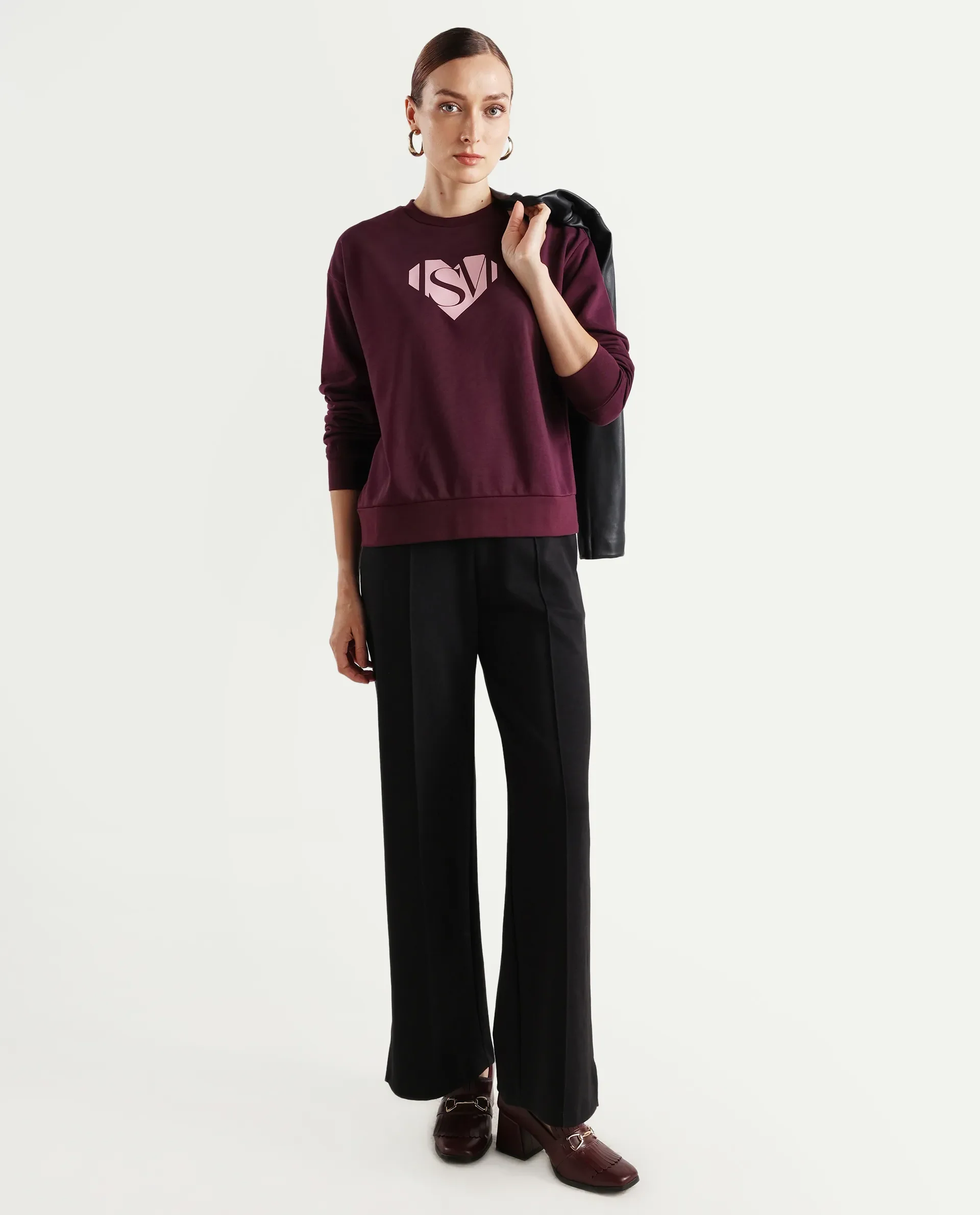 Rareism Women's Mika Maroon Cotton Blend Crew Neck Graphic Print Regular Fit Sweatshirt - Image 2