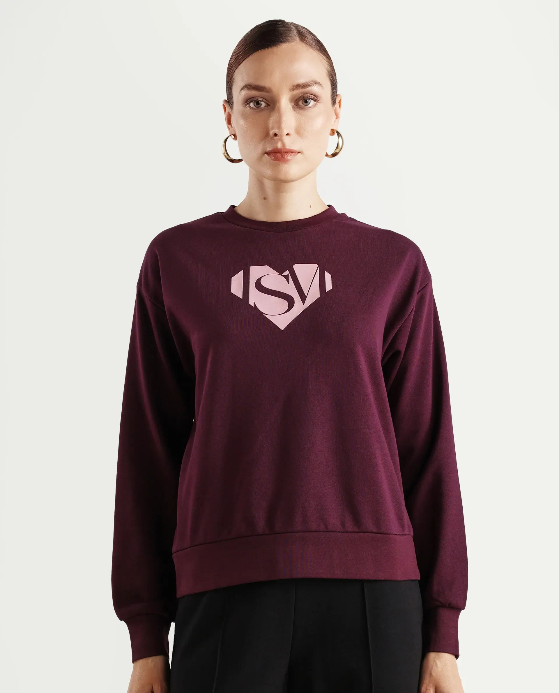 Rareism Women's Mika Maroon Cotton Blend Crew Neck Graphic Print Regular Fit Sweatshirt - Image 3