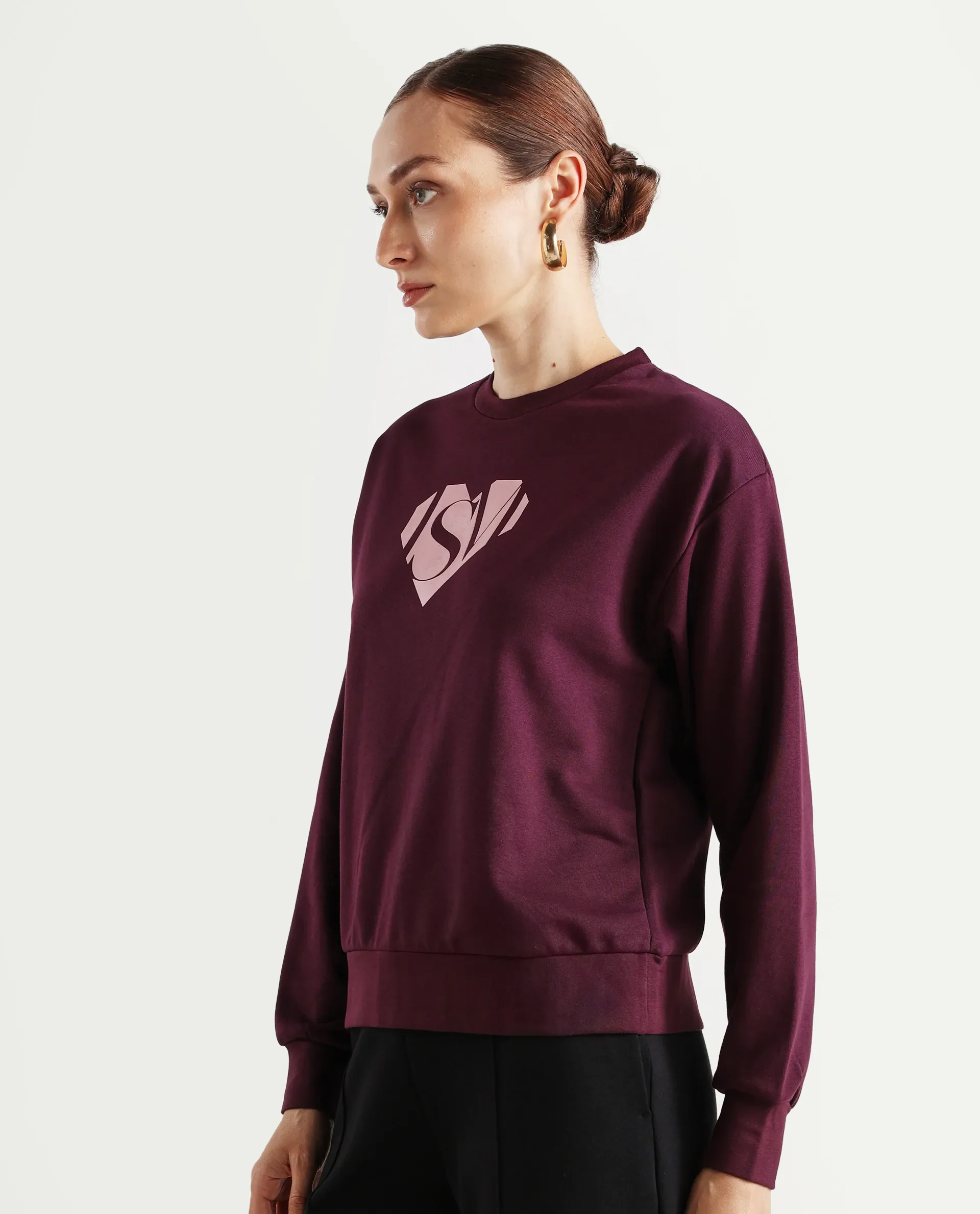 Rareism Women's Mika Maroon Cotton Blend Crew Neck Graphic Print Regular Fit Sweatshirt - Image 5