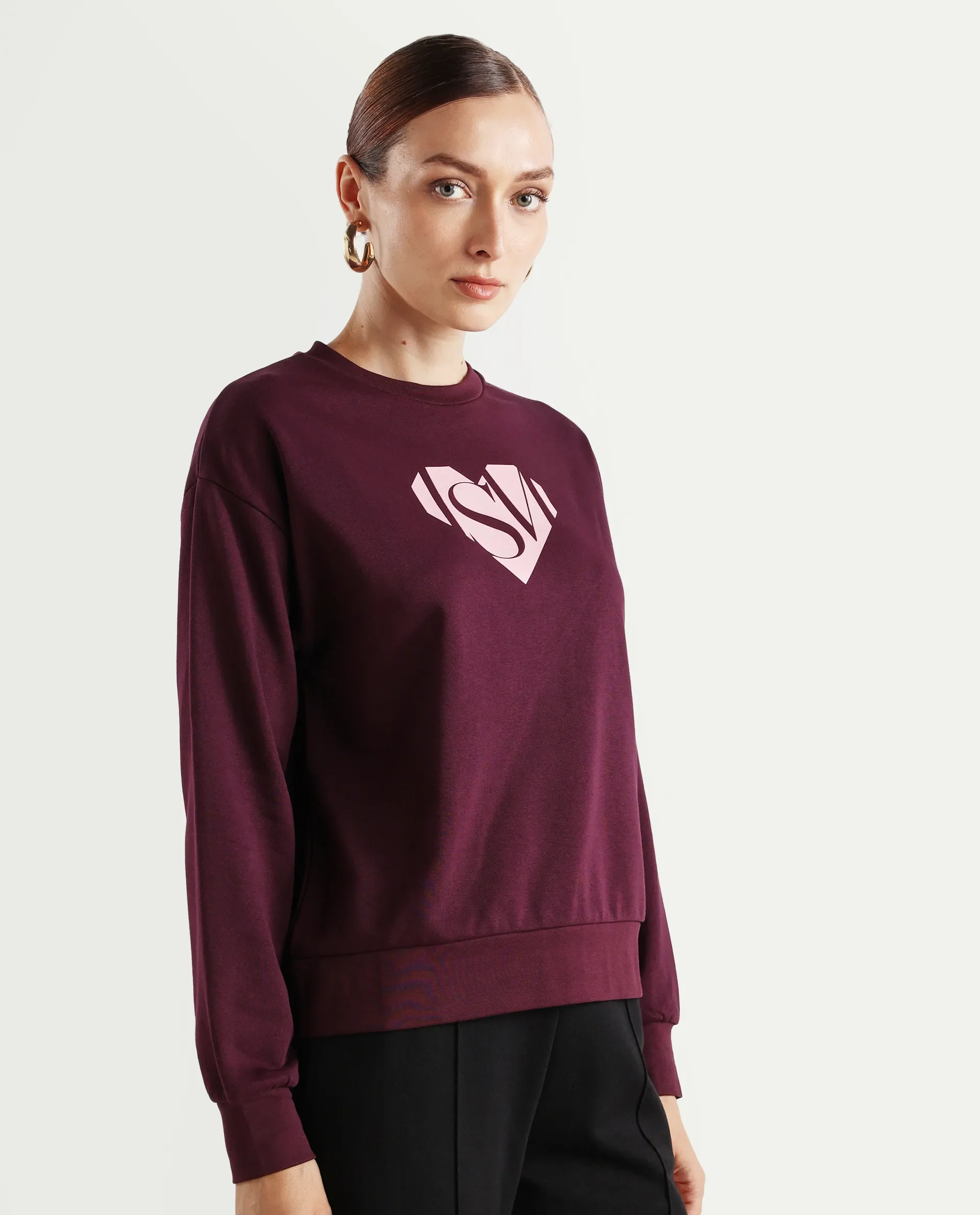 Rareism Women's Mika Maroon Cotton Blend Crew Neck Graphic Print Regular Fit Sweatshirt - Image 6