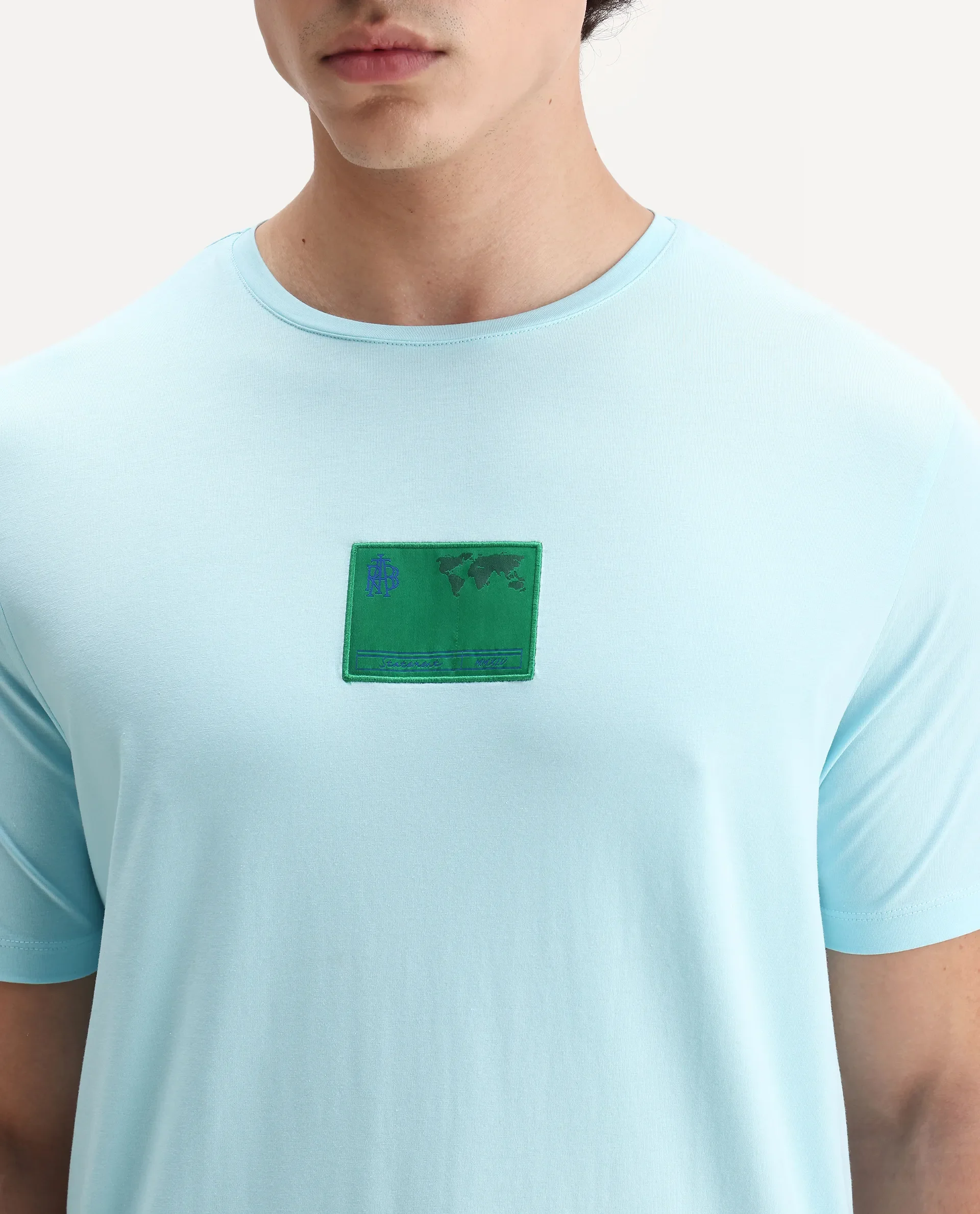 Rare Rabbit Men's Mikai Light Blue Cotton Blend Label Print Relaxed Fit Half Sleeve Crew Neck T-Shirt - Image 3