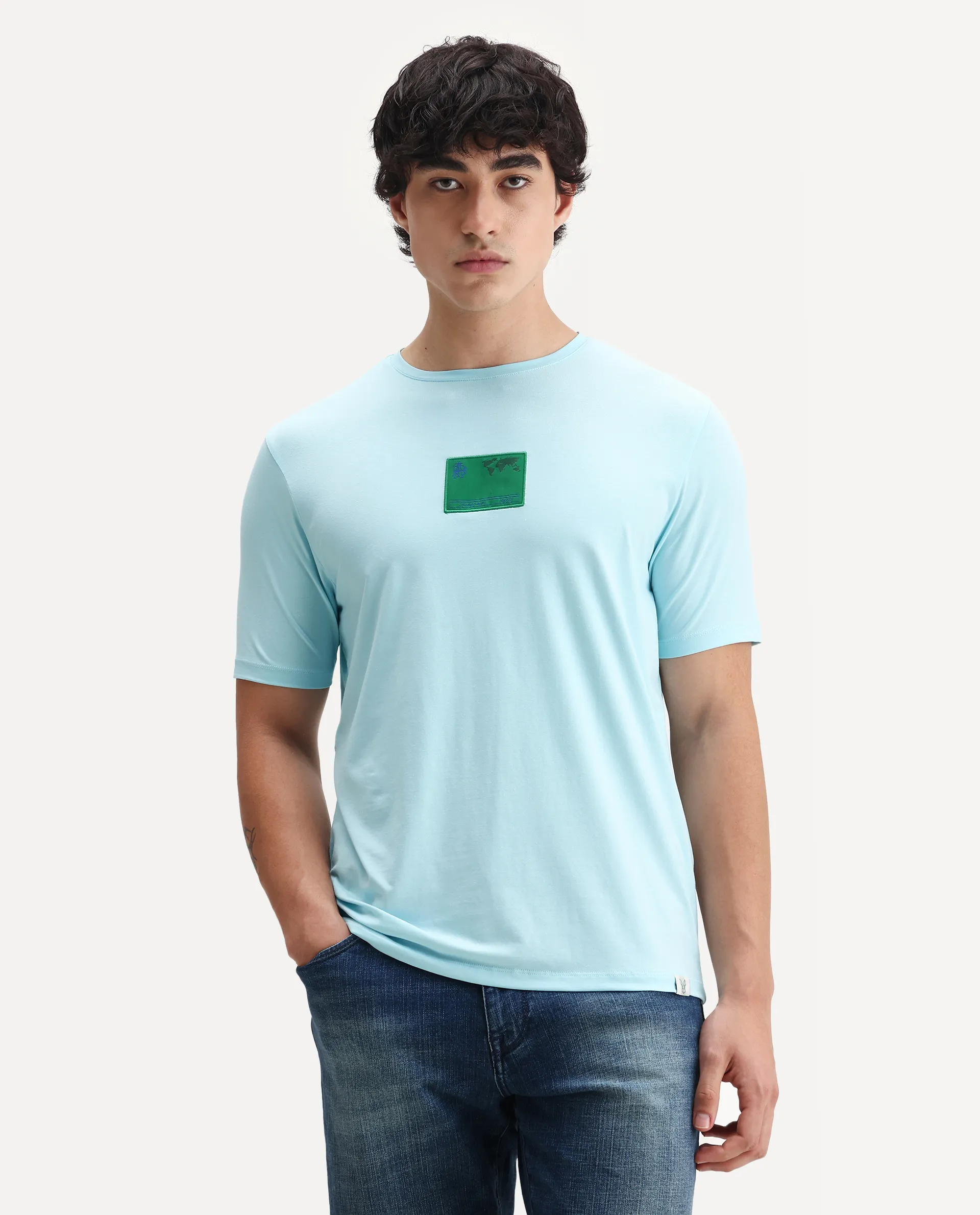 Rare Rabbit Men's Mikai Light Blue Cotton Blend Label Print Relaxed Fit Half Sleeve Crew Neck T-Shirt - Image 4