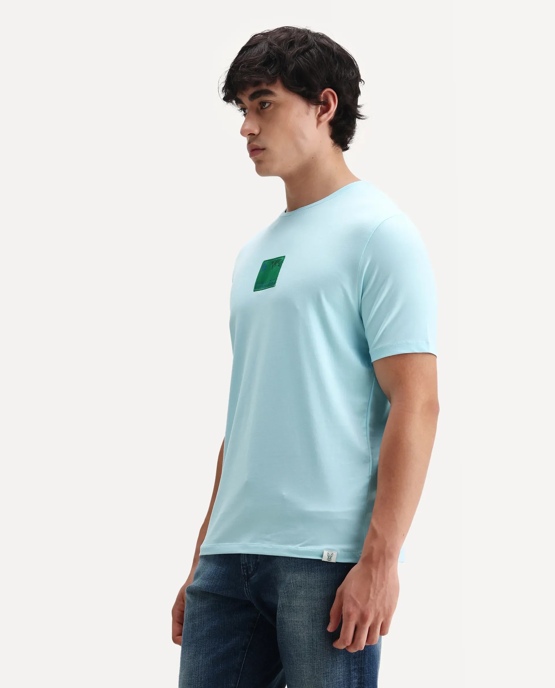 Rare Rabbit Men's Mikai Light Blue Cotton Blend Label Print Relaxed Fit Half Sleeve Crew Neck T-Shirt - Image 5
