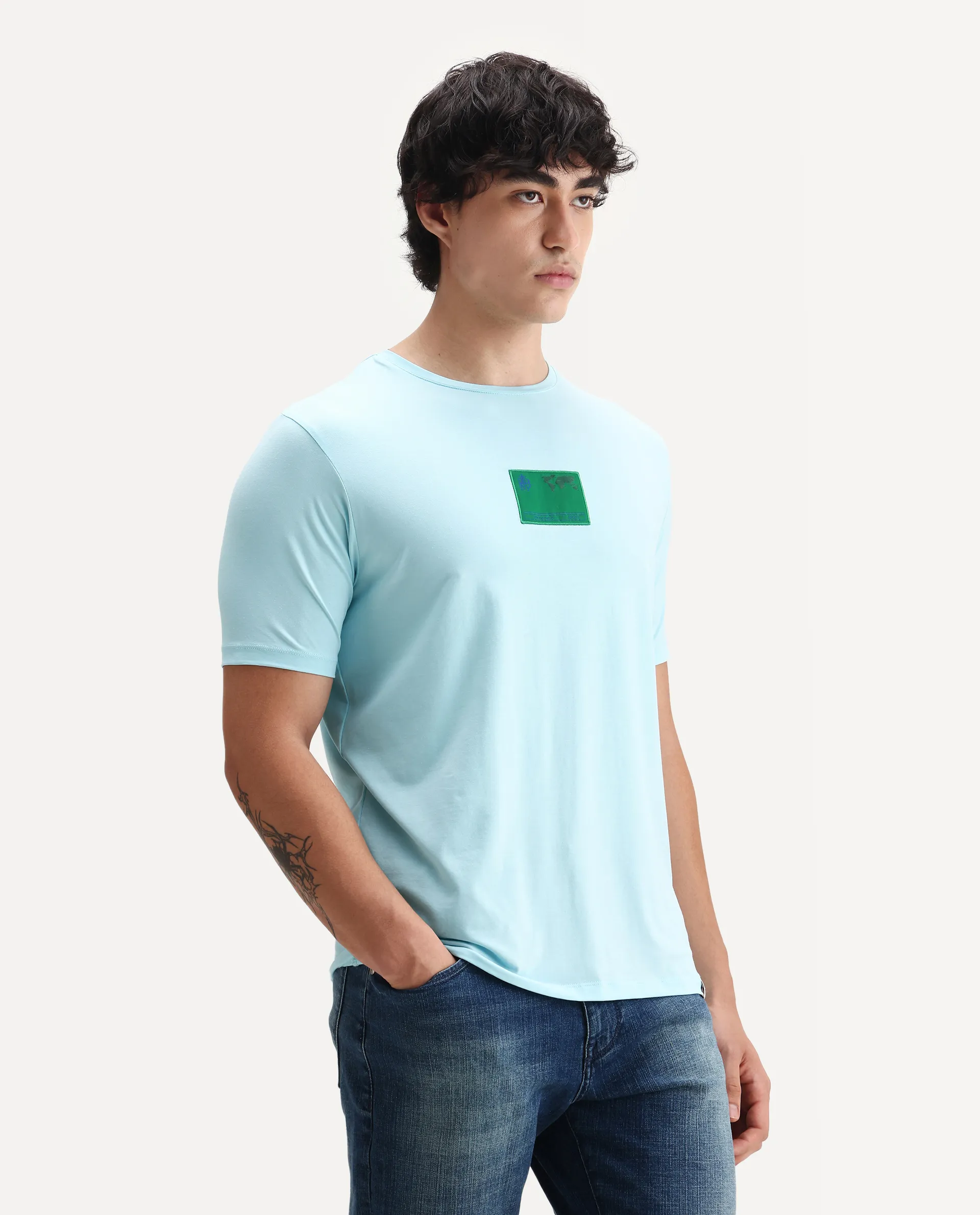 Rare Rabbit Men's Mikai Light Blue Cotton Blend Label Print Relaxed Fit Half Sleeve Crew Neck T-Shirt - Image 6