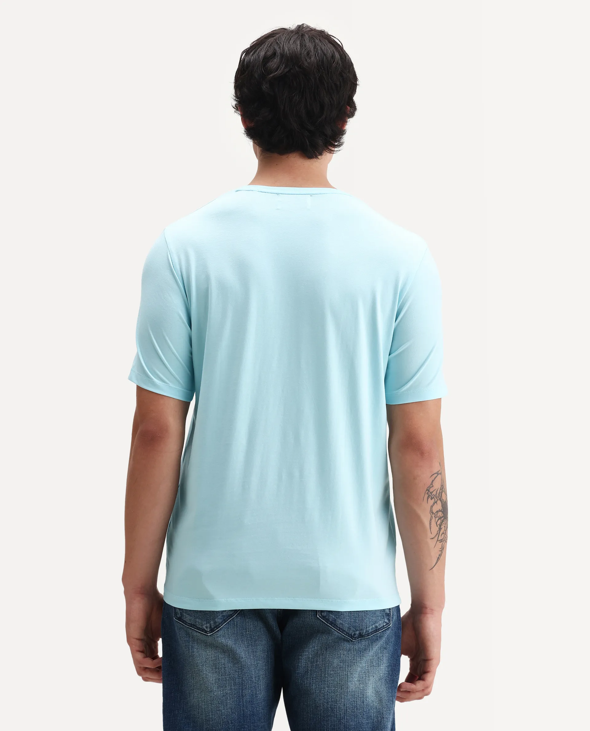 Rare Rabbit Men's Mikai Light Blue Cotton Blend Label Print Relaxed Fit Half Sleeve Crew Neck T-Shirt - Image 7