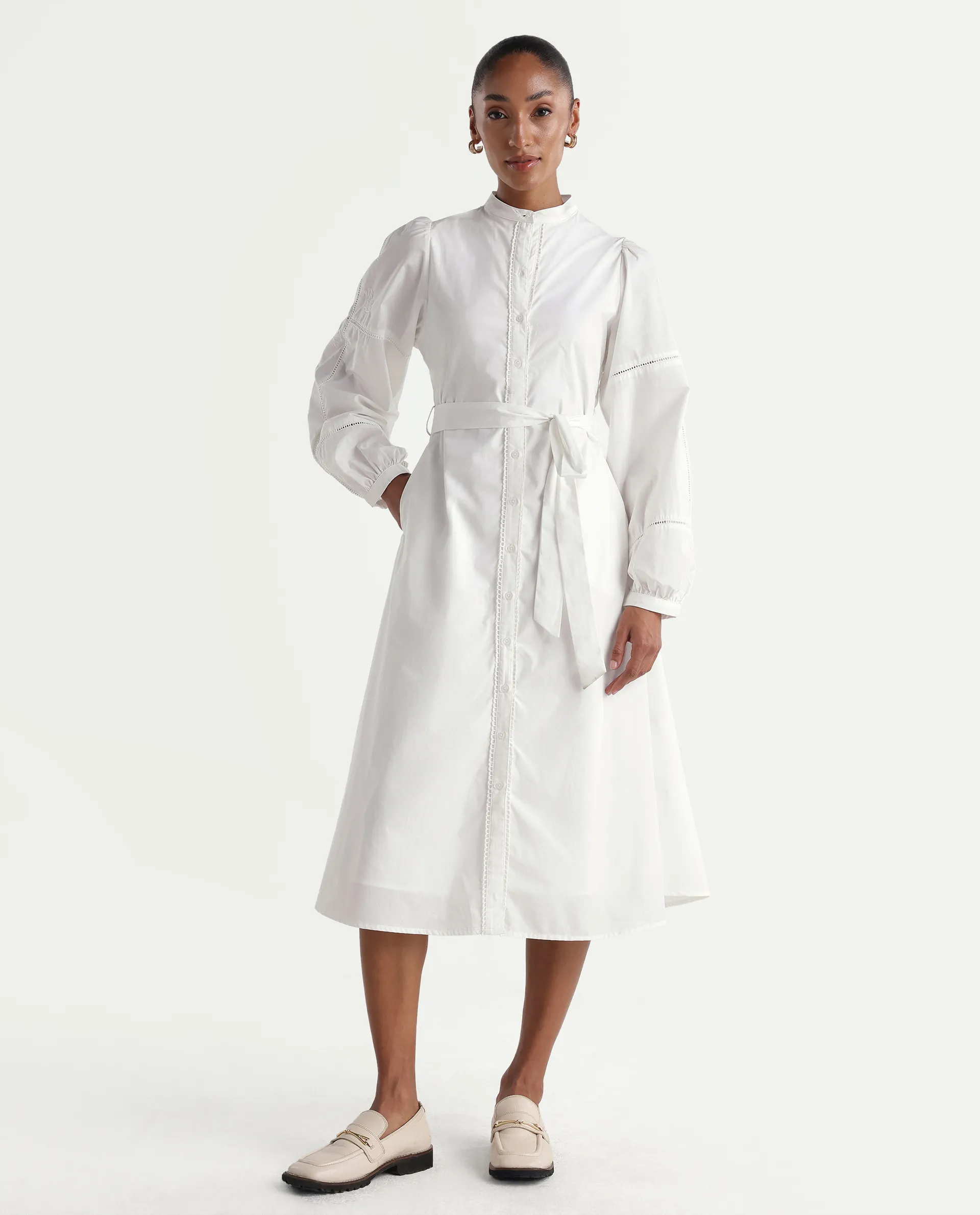 Rareism Women's Miko Off White Cotton Full Sleeve Mandarin Collar A-Line Embroidered Dress - Image 2