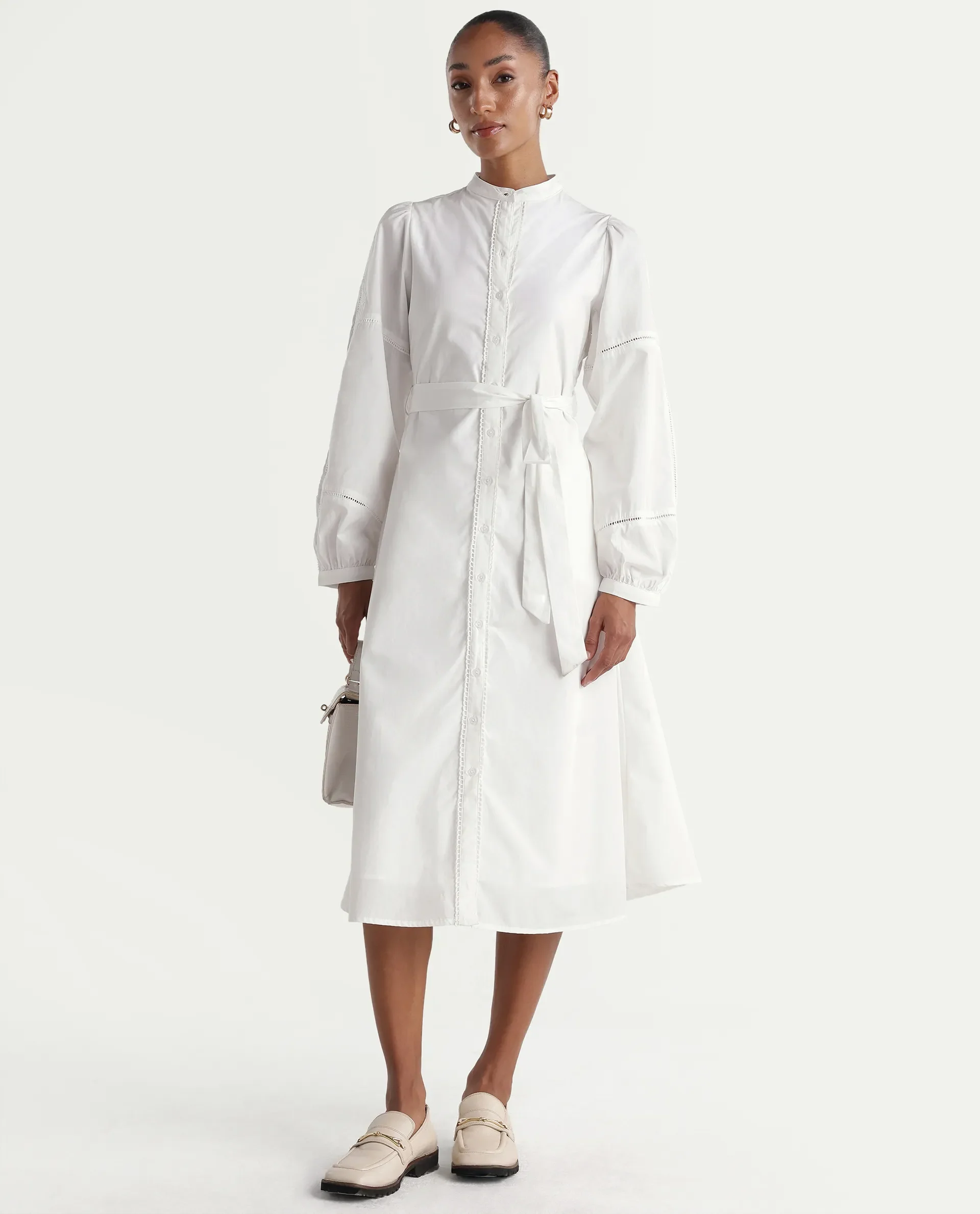 Rareism Women's Miko Off White Cotton Full Sleeve Mandarin Collar A-Line Embroidered Dress - Image 3