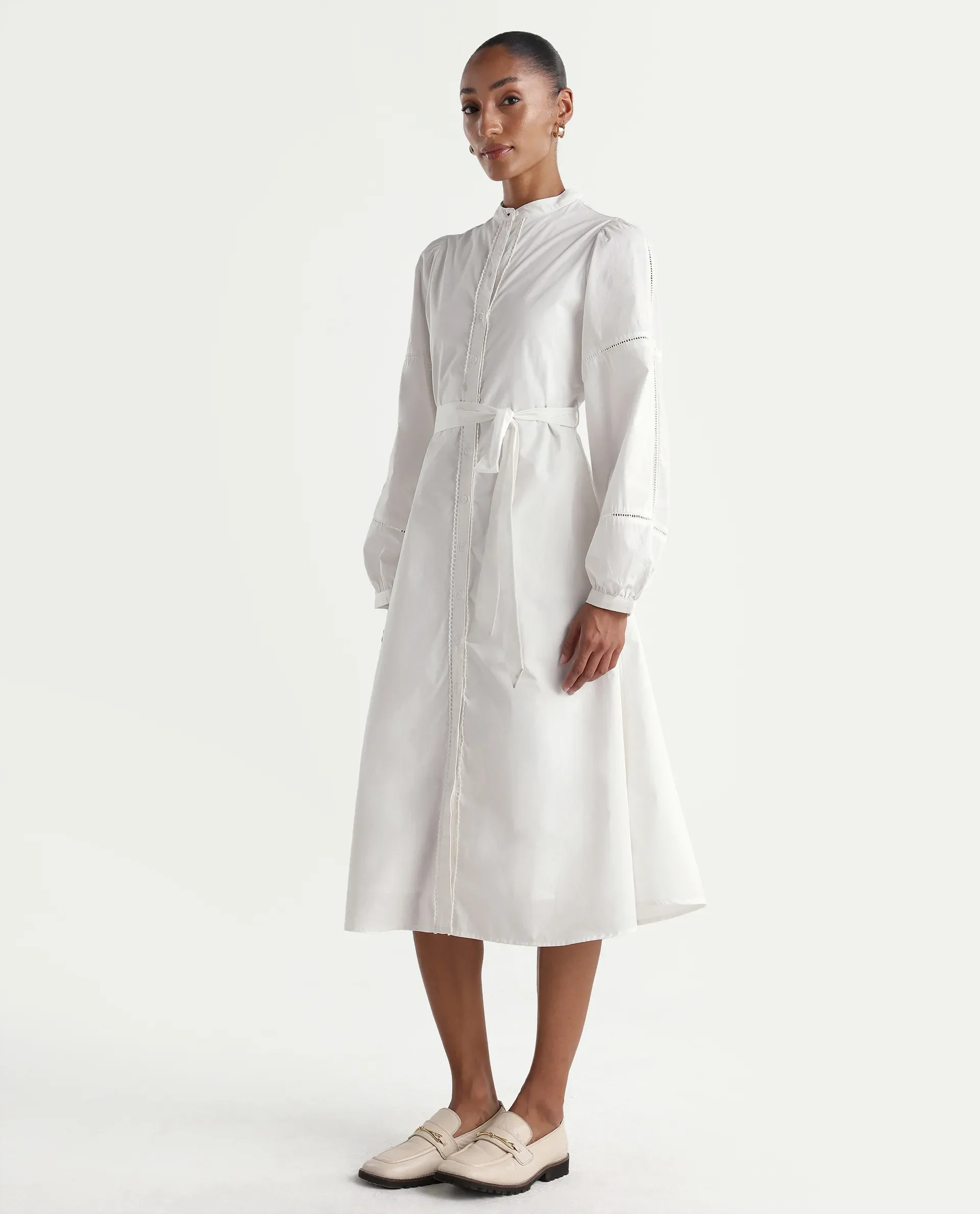 Rareism Women's Miko Off White Cotton Full Sleeve Mandarin Collar A-Line Embroidered Dress - Image 4