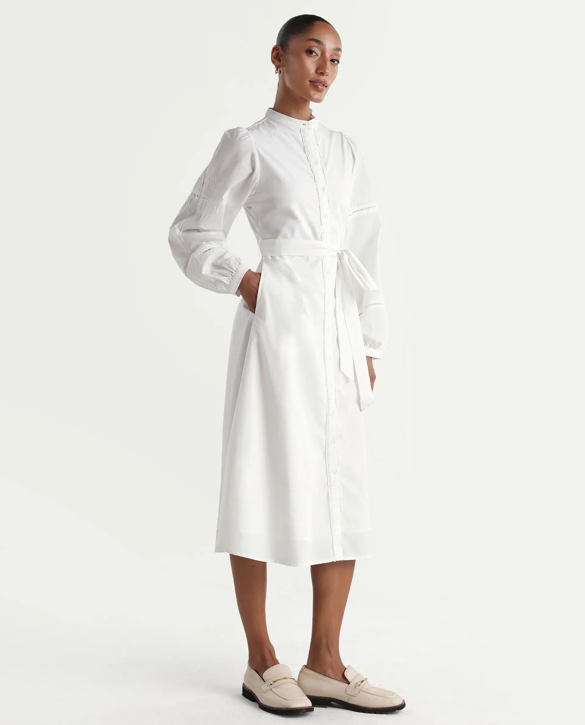 Rareism Women's Miko Off White Cotton Full Sleeve Mandarin Collar A-Line Embroidered Dress - Image 5