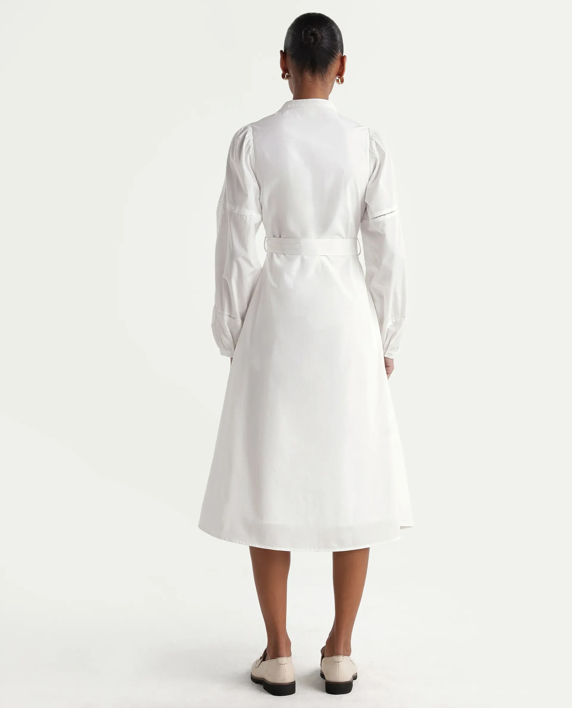 Rareism Women's Miko Off White Cotton Full Sleeve Mandarin Collar A-Line Embroidered Dress - Image 6