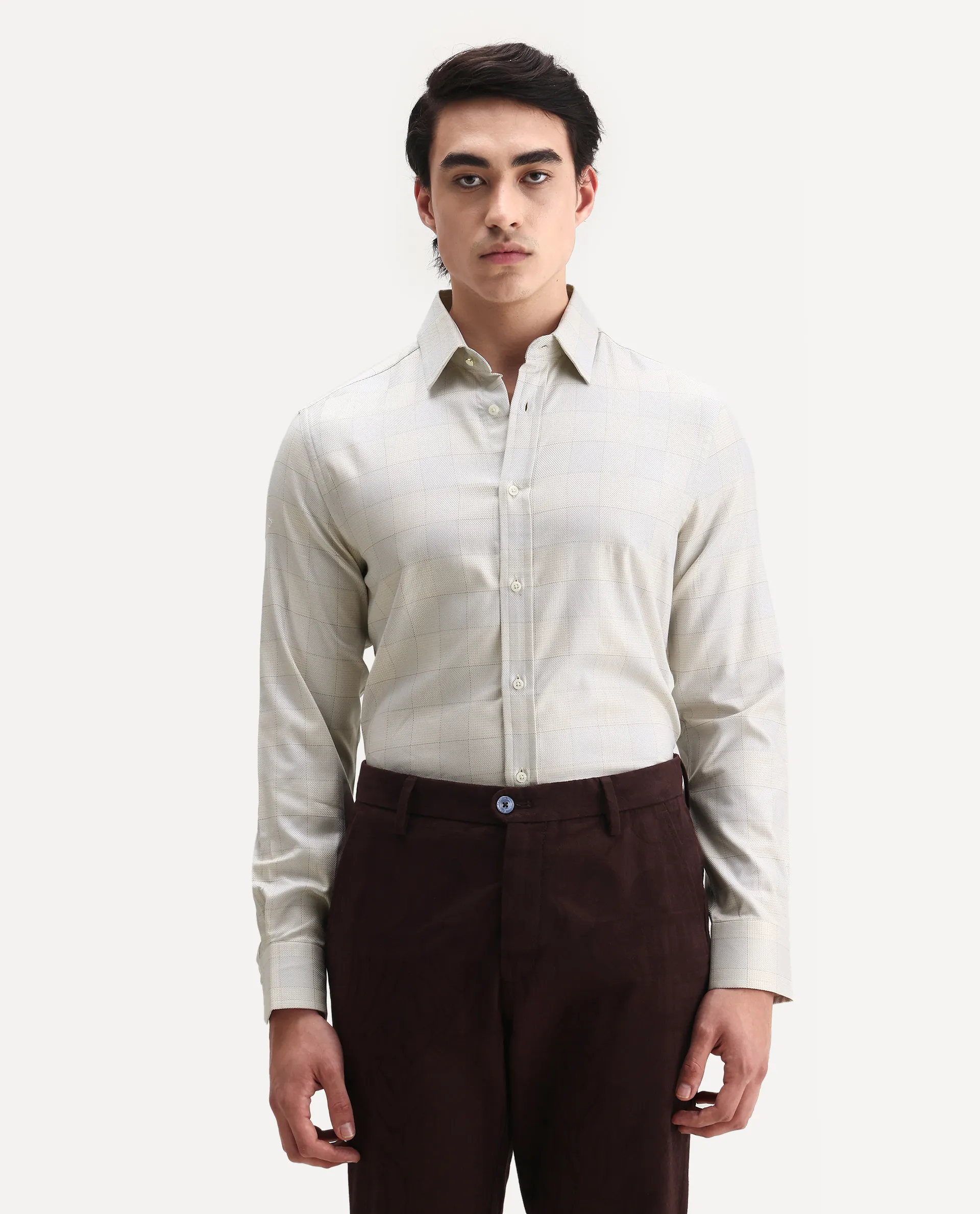 Rare Rabbit Men's Mila Beige Cotton Checked Print Regular Fit Full Sleeve Collared Shirt - Image 4
