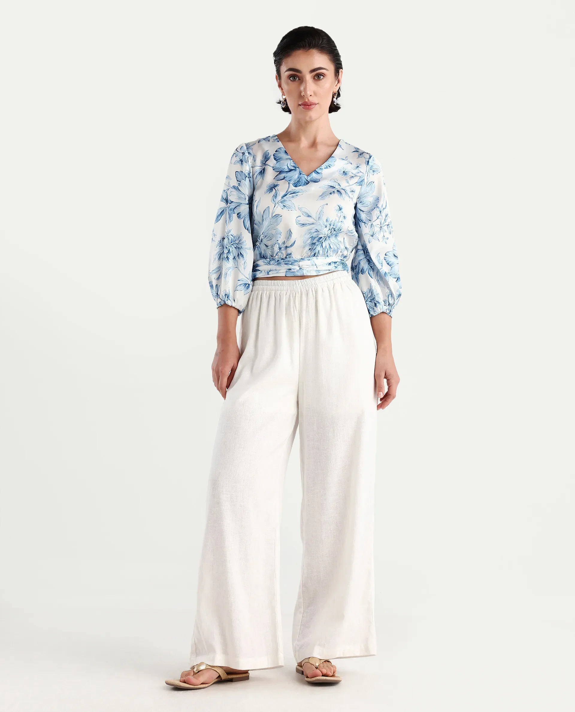 Rareism Women's Milan Light Satin V-Neck Floral Print Bell Sleeve Crop Regular Fit Top - Image 2