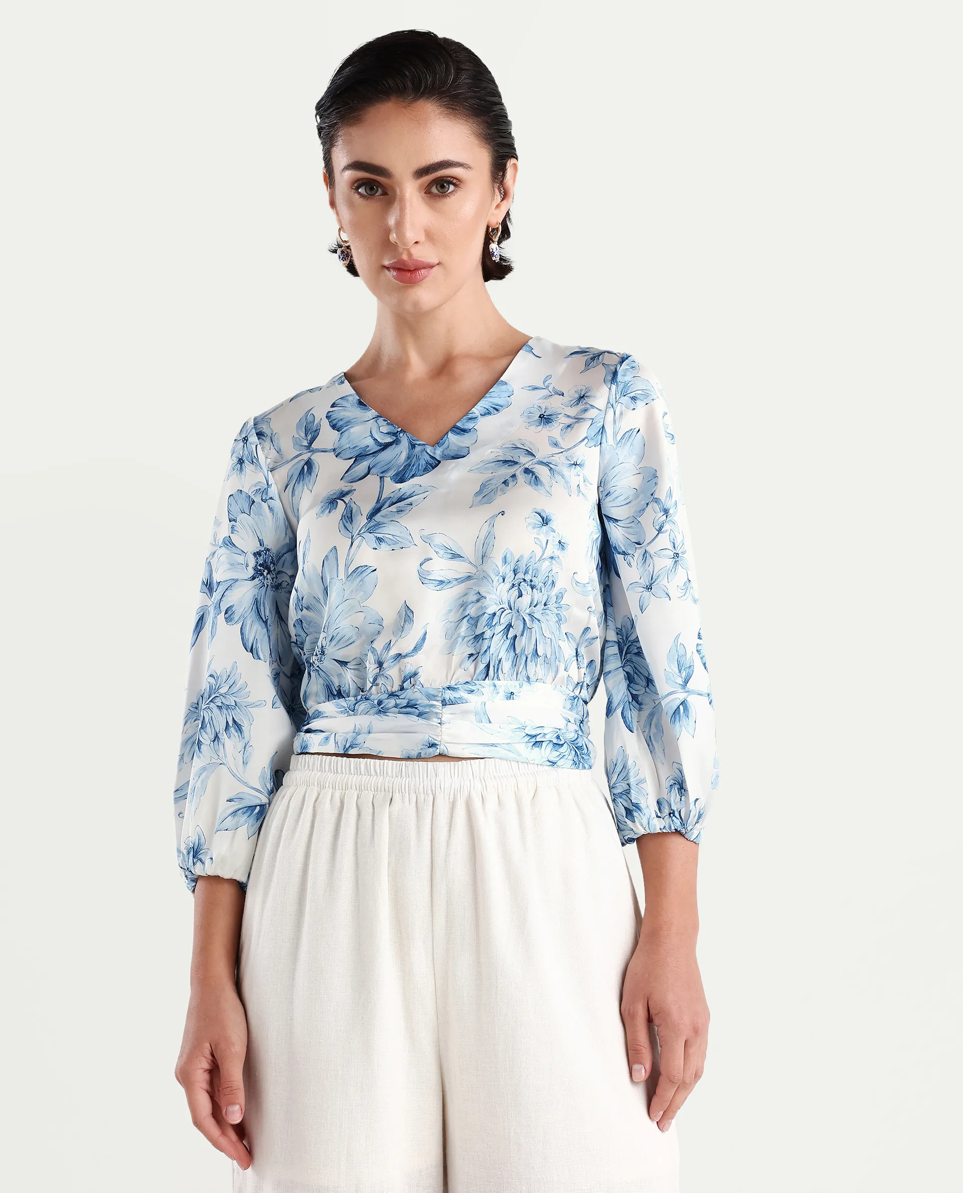 Rareism Women's Milan Light Satin V-Neck Floral Print Bell Sleeve Crop Regular Fit Top - Image 3