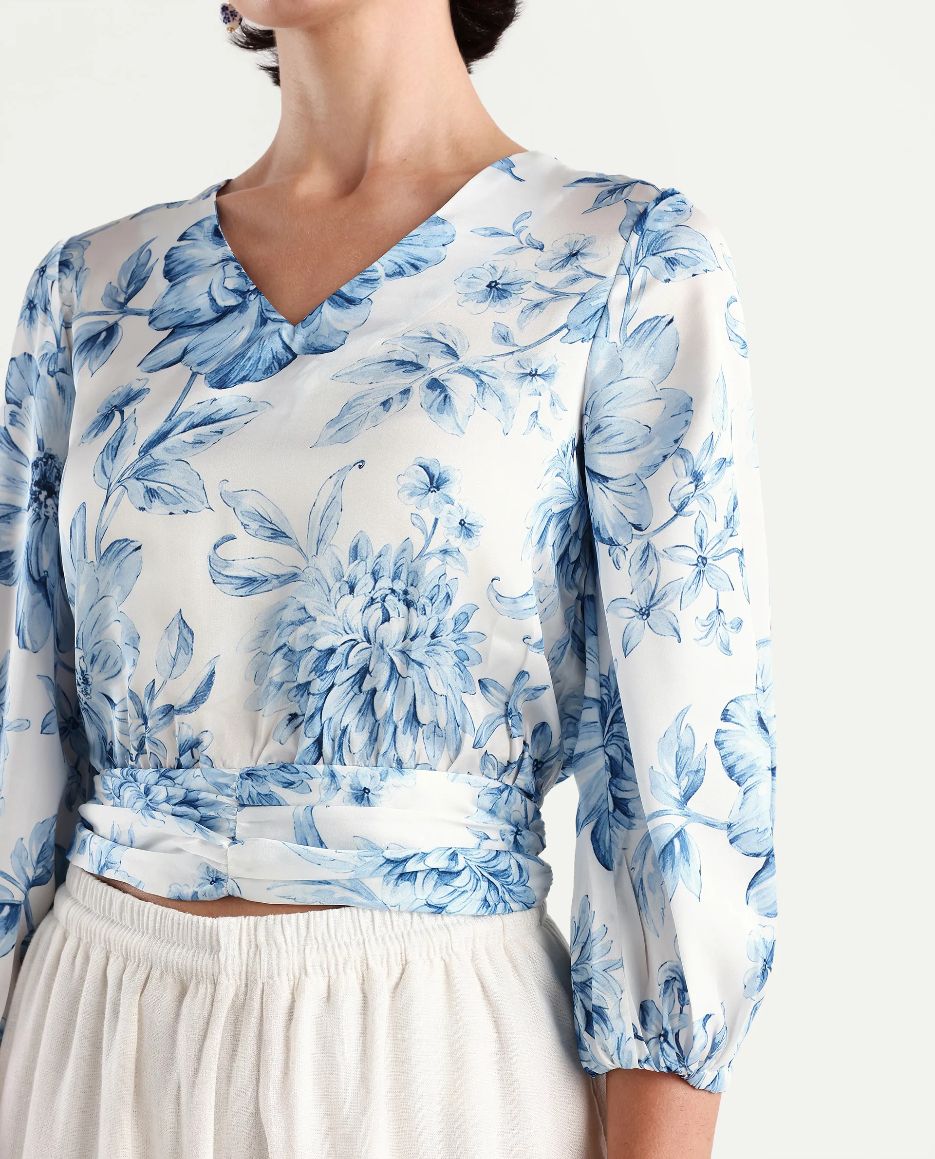 Rareism Women's Milan Light Satin V-Neck Floral Print Bell Sleeve Crop Regular Fit Top - Image 4