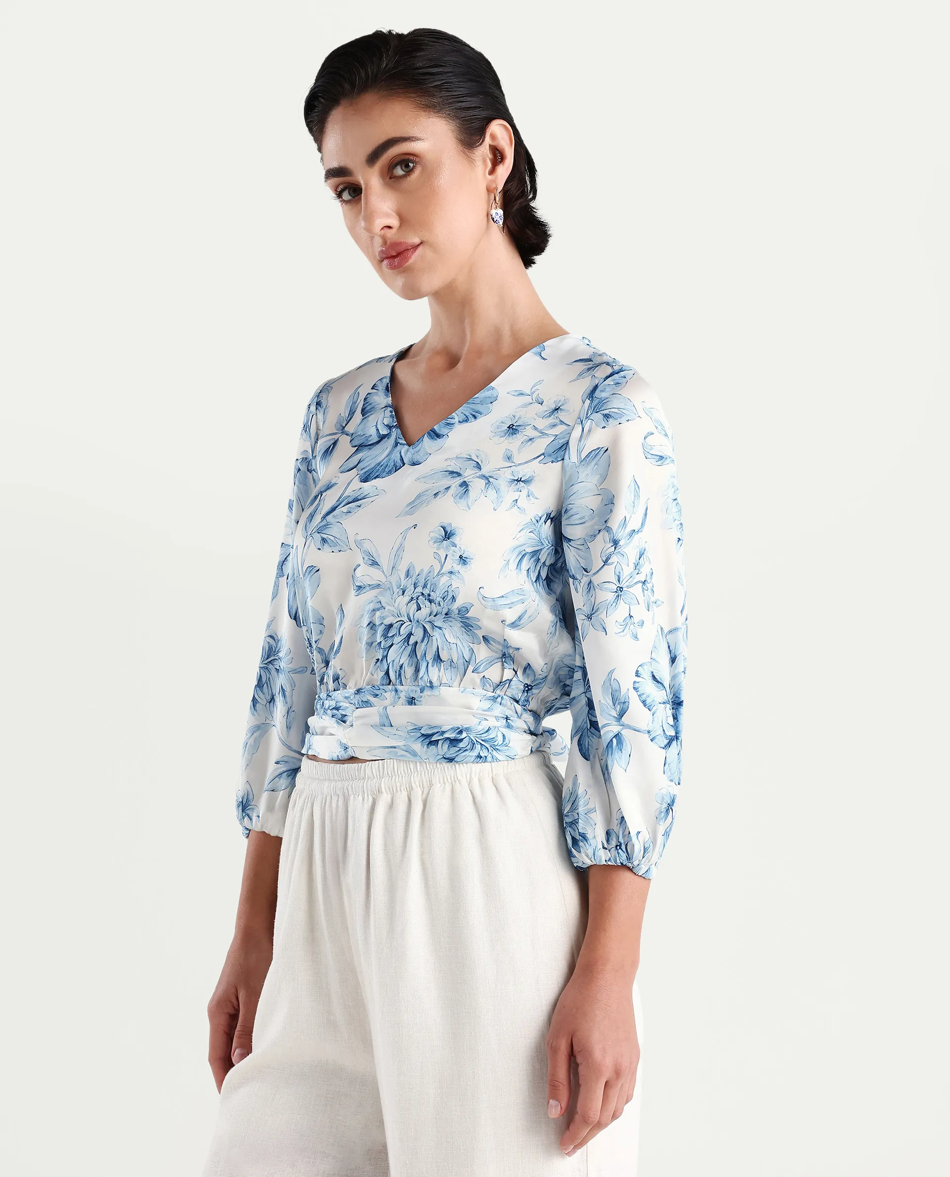 Rareism Women's Milan Light Satin V-Neck Floral Print Bell Sleeve Crop Regular Fit Top - Image 5