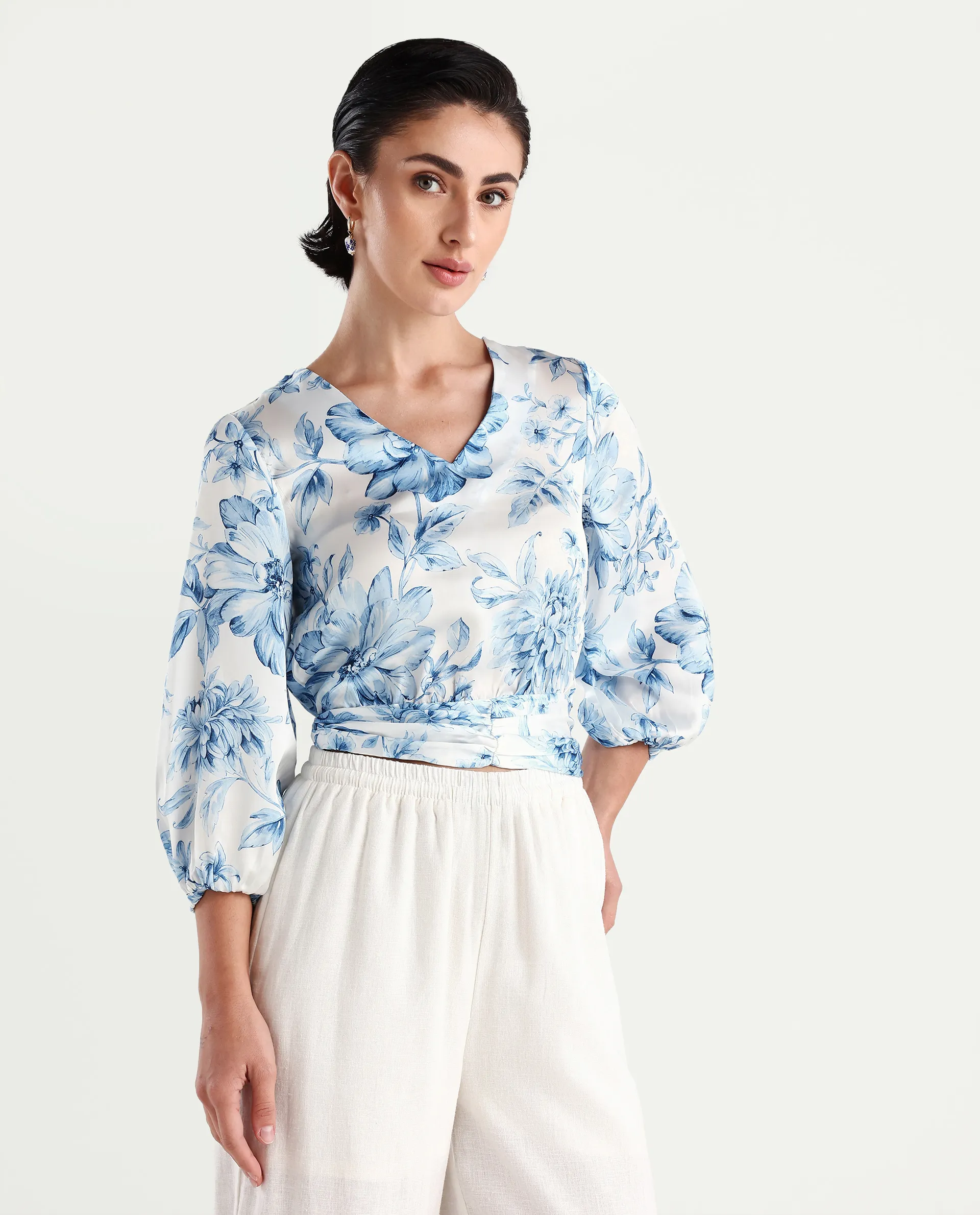 Rareism Women's Milan Light Satin V-Neck Floral Print Bell Sleeve Crop Regular Fit Top - Image 6
