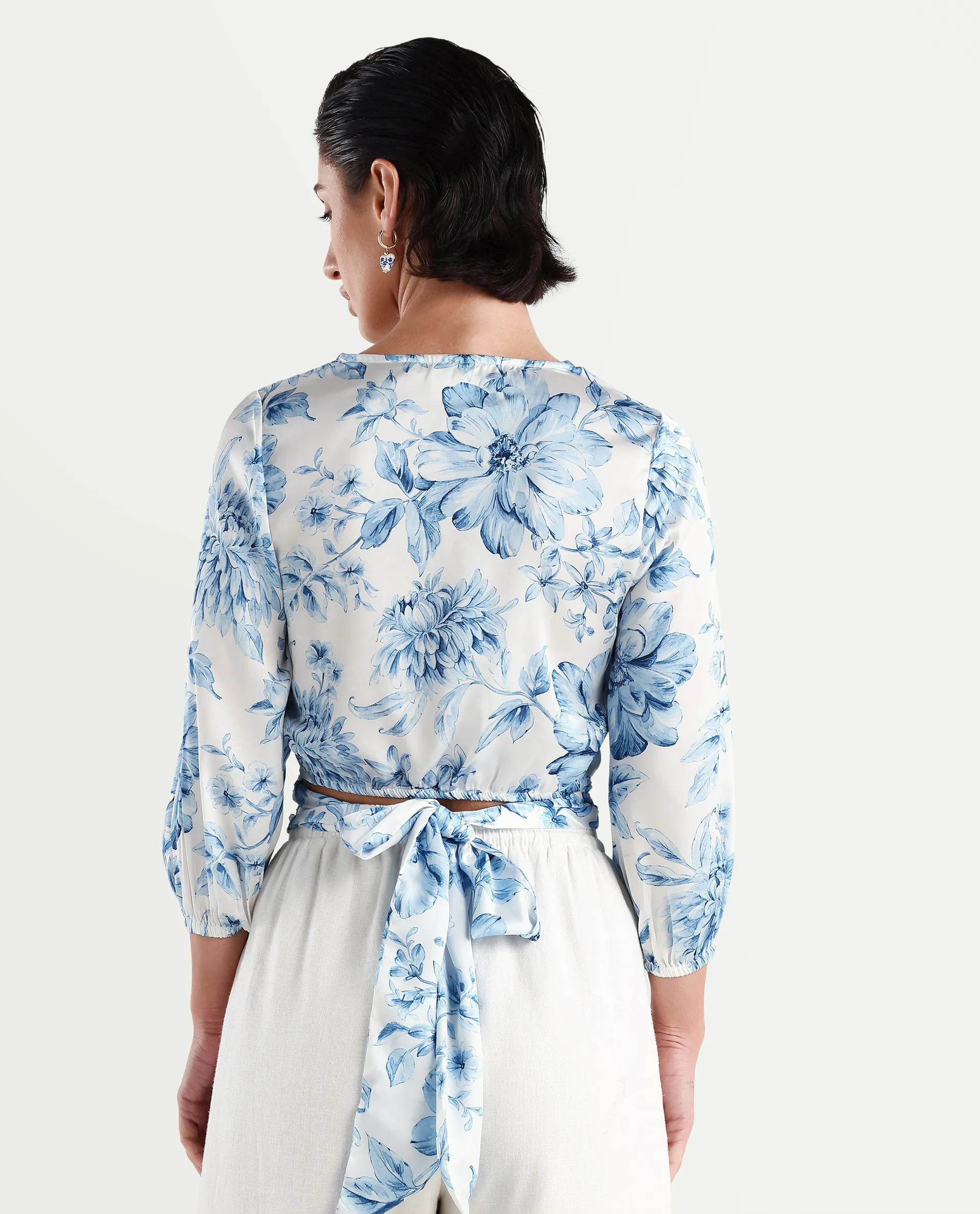Rareism Women's Milan Light Satin V-Neck Floral Print Bell Sleeve Crop Regular Fit Top - Image 7