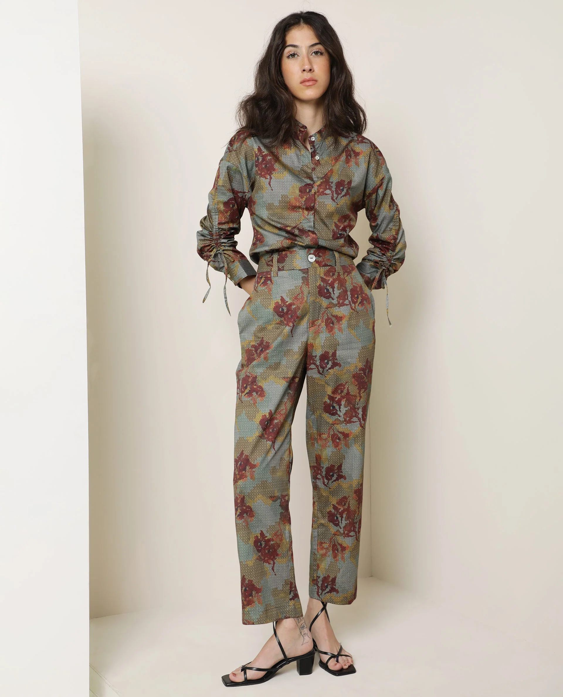 Rareism Women's Milan Olive Cotton Floral Print Ankle Length Tailored Trouser - Image 12