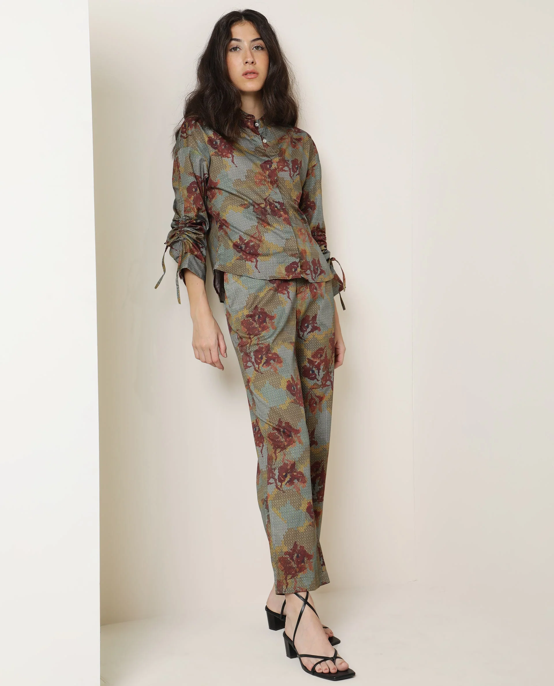 Rareism Women's Milan Olive Cotton Floral Print Ankle Length Tailored Trouser - Image 4