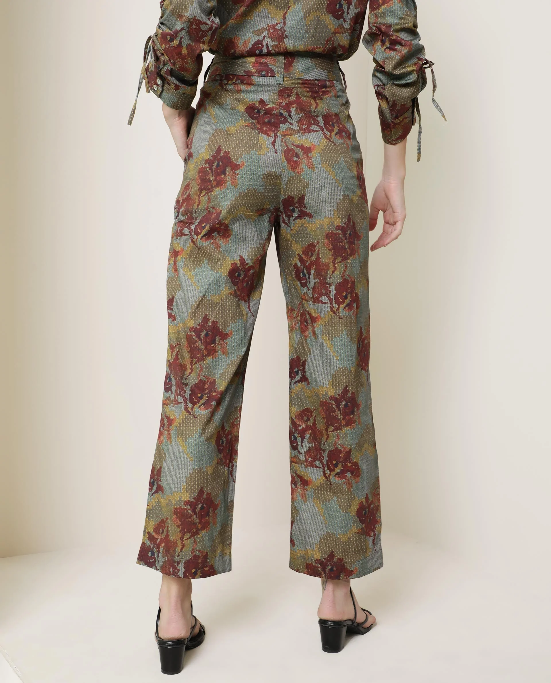 Rareism Women's Milan Olive Cotton Floral Print Ankle Length Tailored Trouser - Image 6