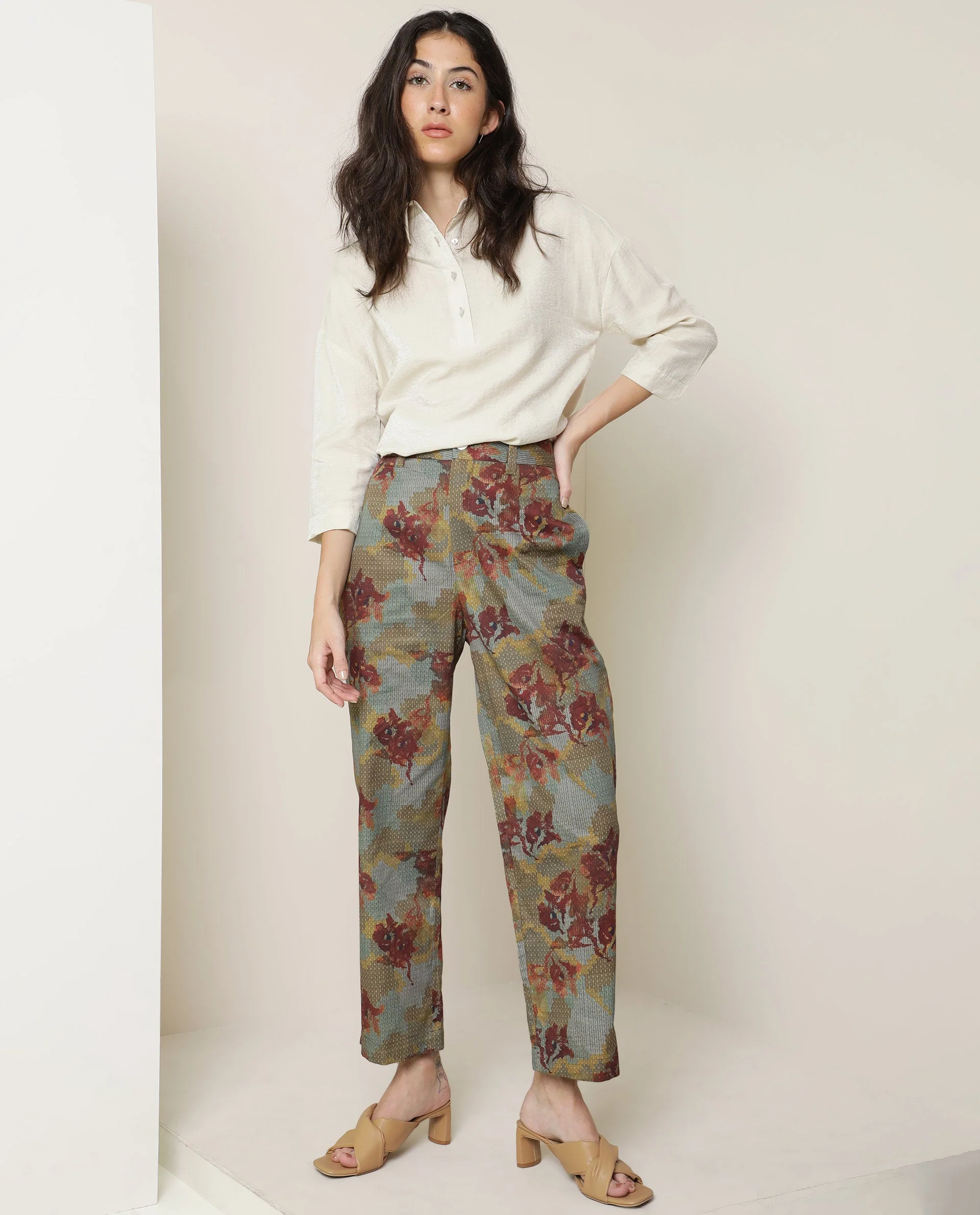 Rareism Women's Milan Olive Cotton Floral Print Ankle Length Tailored Trouser - Image 8