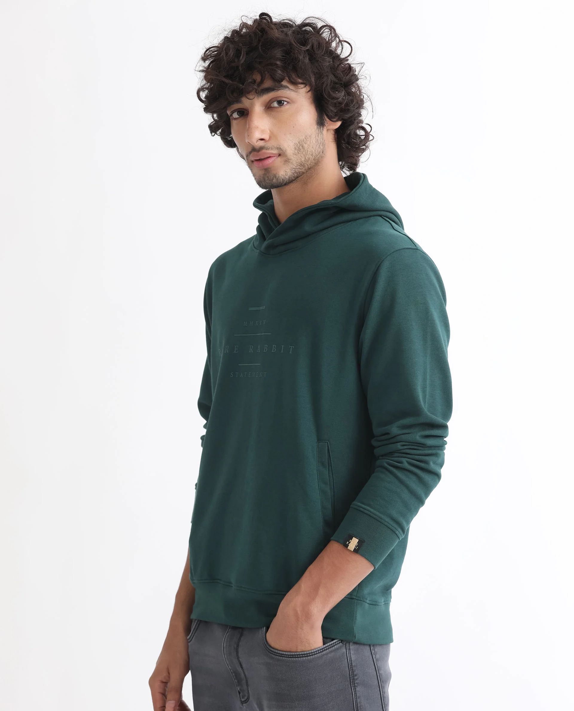 Rare Rabbit Men's Mile Dark Green Cotton Graphic Print Regular Fit Full Sleeve Hooded Sweatshirt - Image 2