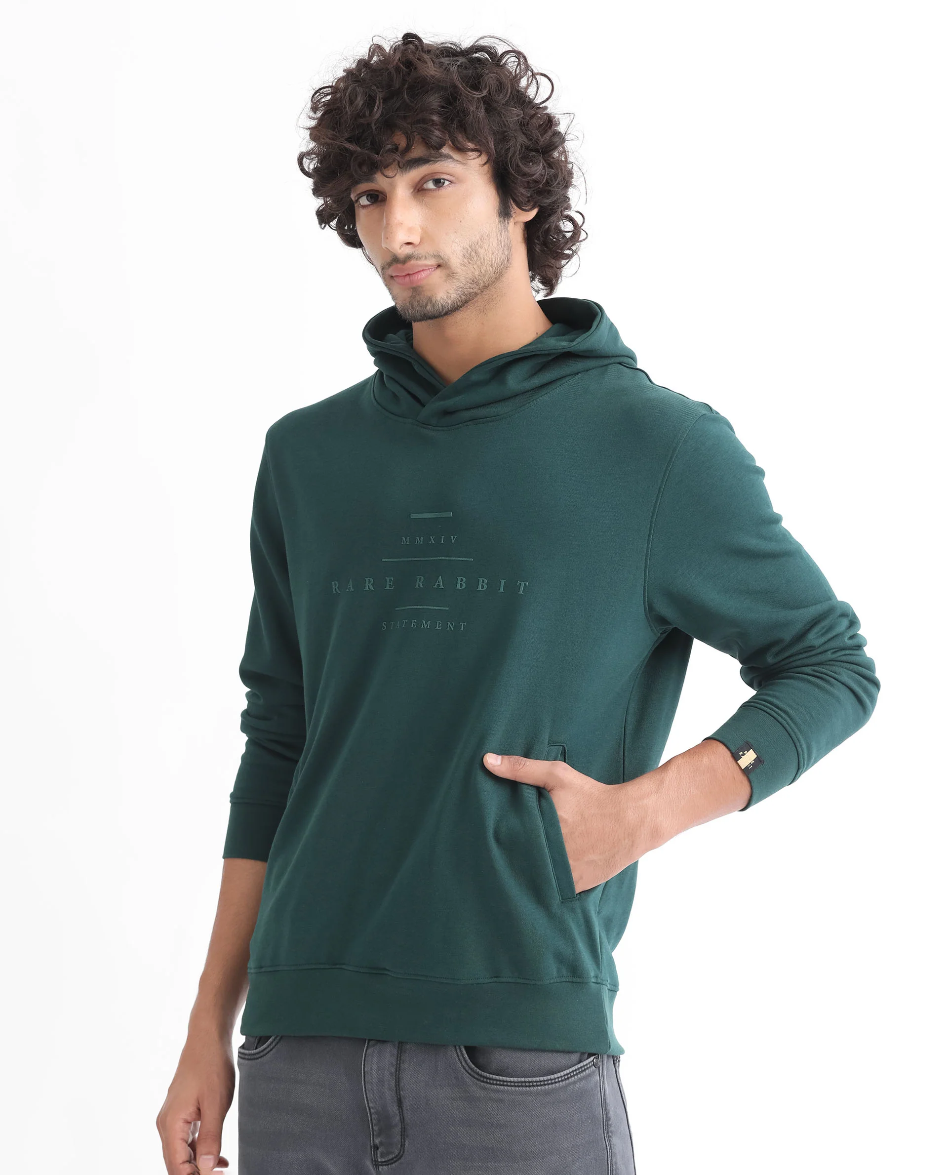Rare Rabbit Men's Mile Dark Green Cotton Graphic Print Regular Fit Full Sleeve Hooded Sweatshirt - Image 4