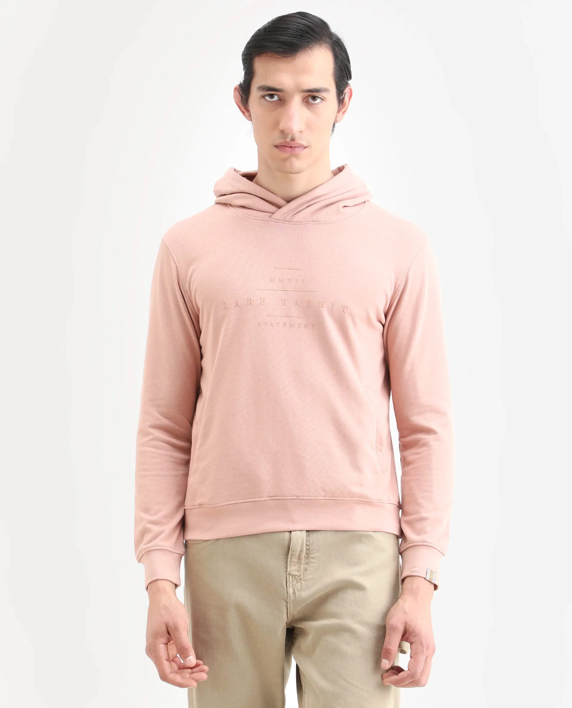 Rare Rabbit Men's Mile Peach Cotton Graphic Print Regular Fit Full Sleeve Hooded Sweatshirt - Image 4