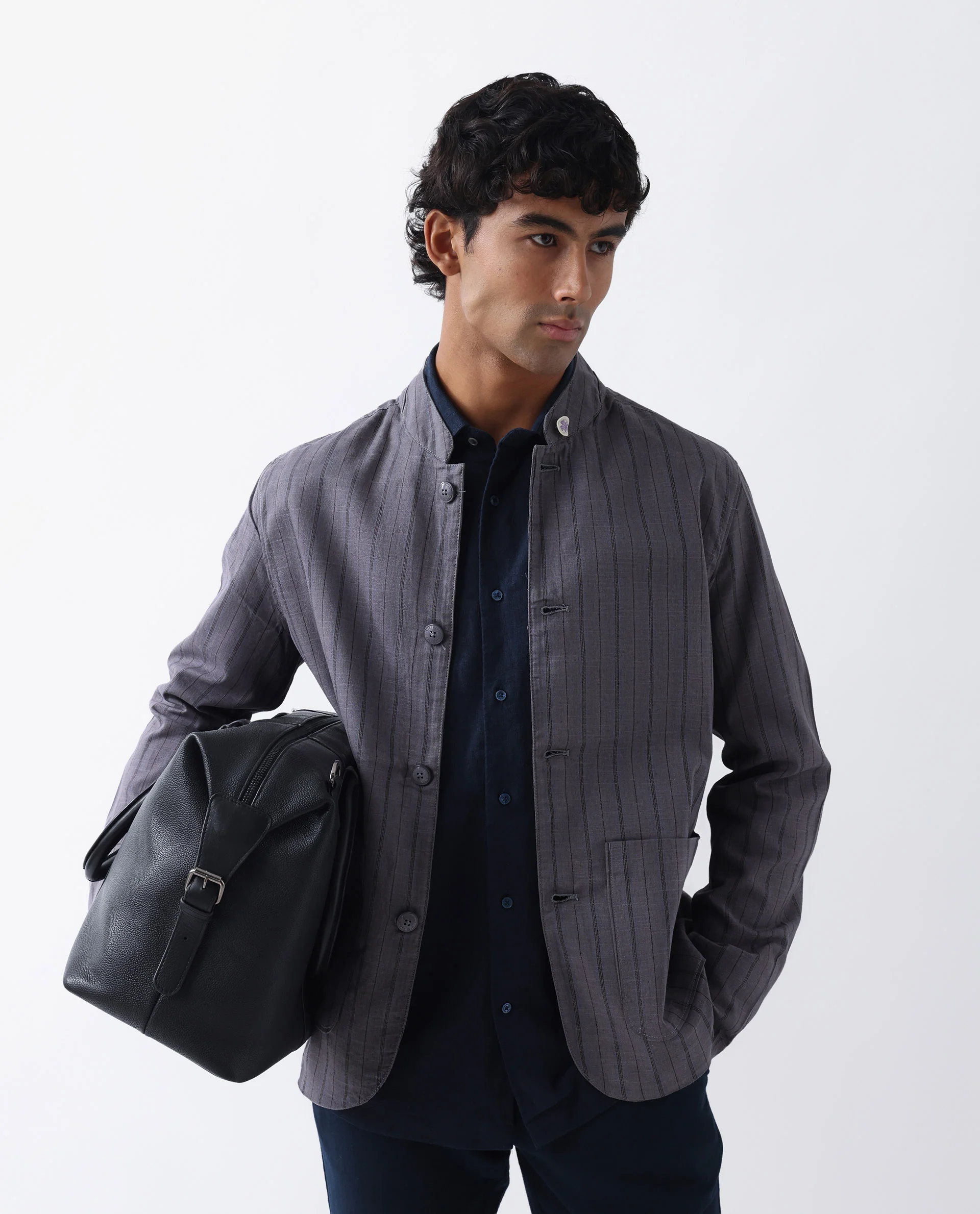 Rare Rabbit Men's Miler Dusky Purple Linen Blend Striped Print Regular Fit Full Sleeve Mandarin Collar Jacket