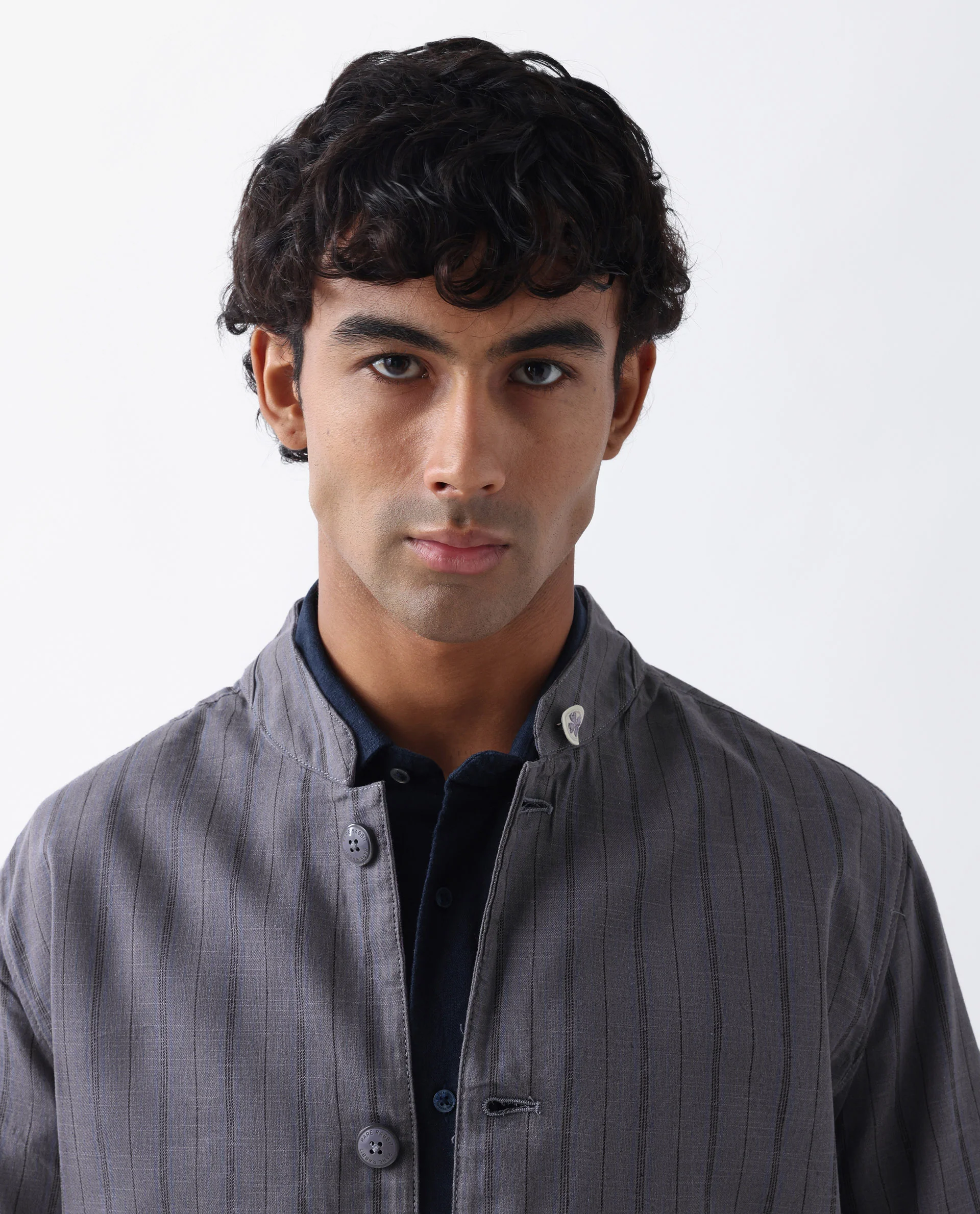 Rare Rabbit Men's Miler Dusky Purple Linen Blend Striped Print Regular Fit Full Sleeve Mandarin Collar Jacket - Image 2