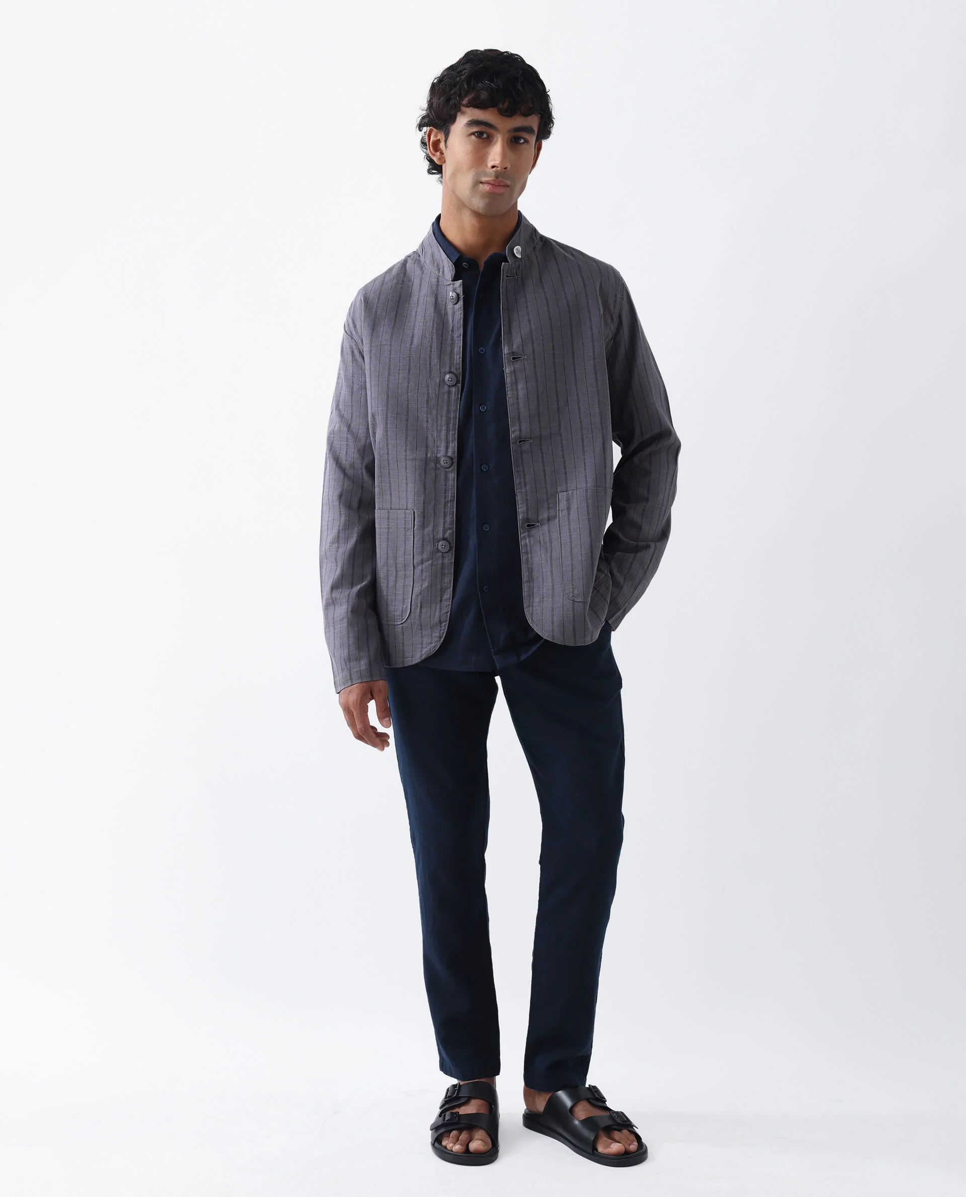 Rare Rabbit Men's Miler Dusky Purple Linen Blend Striped Print Regular Fit Full Sleeve Mandarin Collar Jacket - Image 3