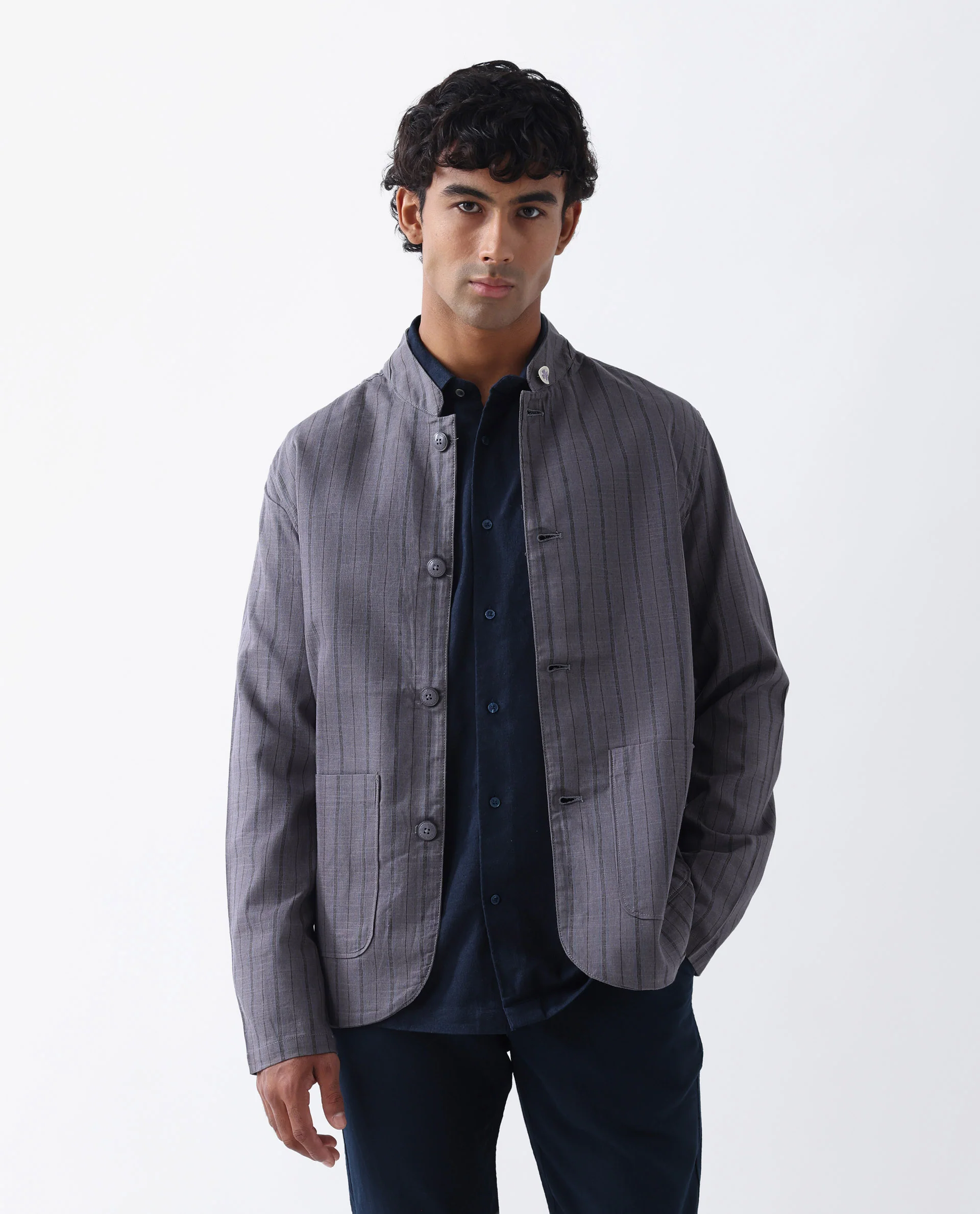 Rare Rabbit Men's Miler Dusky Purple Linen Blend Striped Print Regular Fit Full Sleeve Mandarin Collar Jacket - Image 4