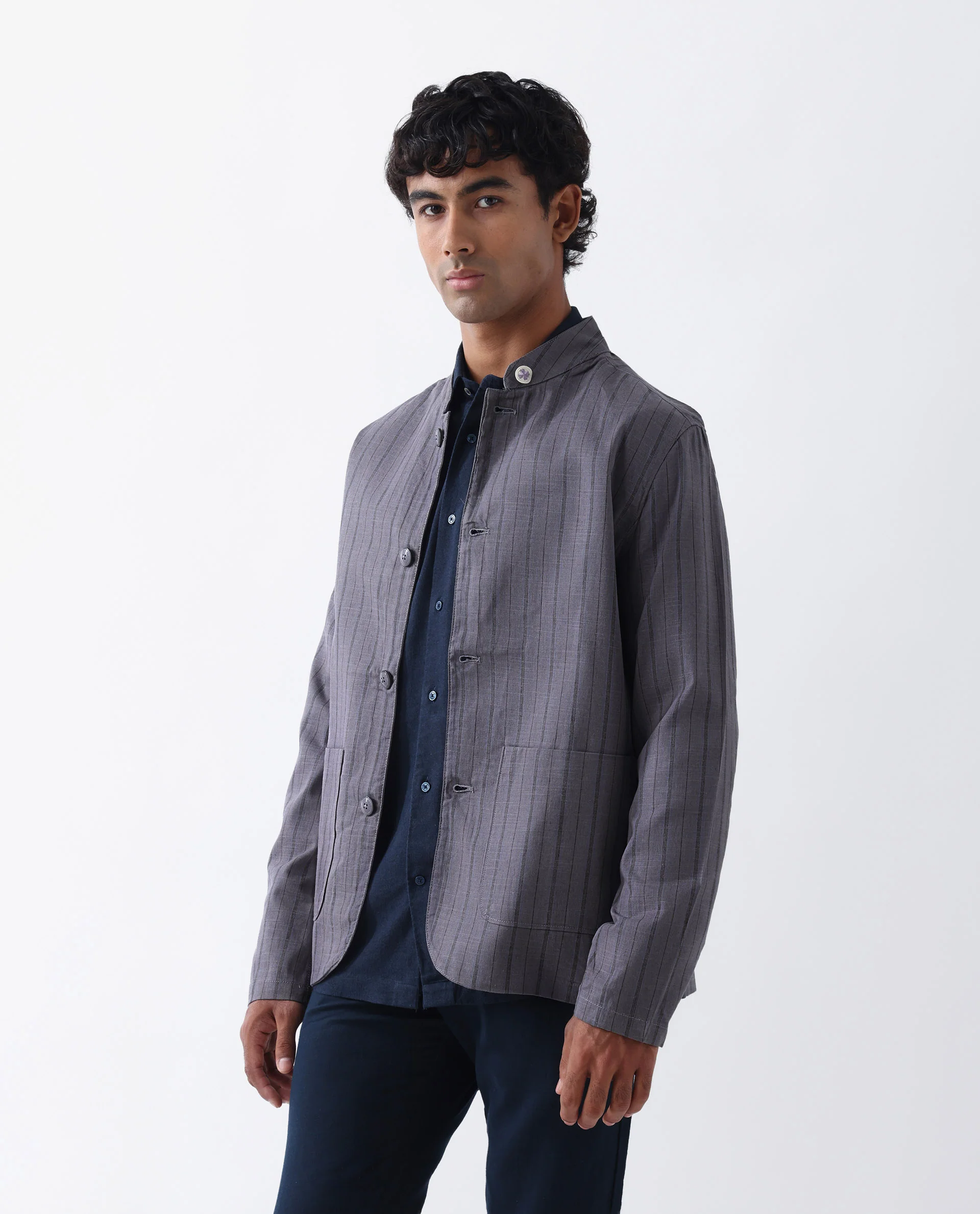 Rare Rabbit Men's Miler Dusky Purple Linen Blend Striped Print Regular Fit Full Sleeve Mandarin Collar Jacket - Image 5