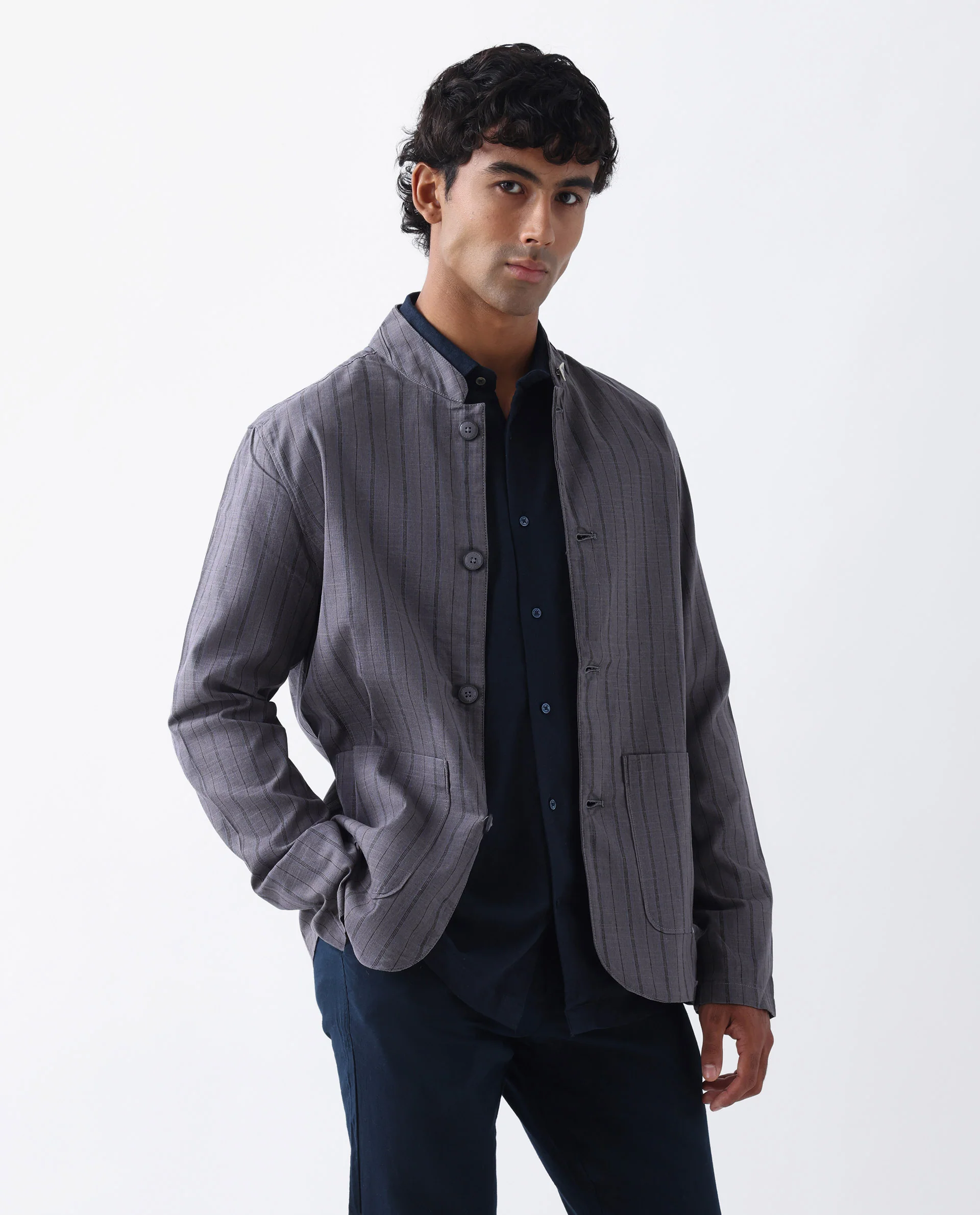 Rare Rabbit Men's Miler Dusky Purple Linen Blend Striped Print Regular Fit Full Sleeve Mandarin Collar Jacket - Image 6