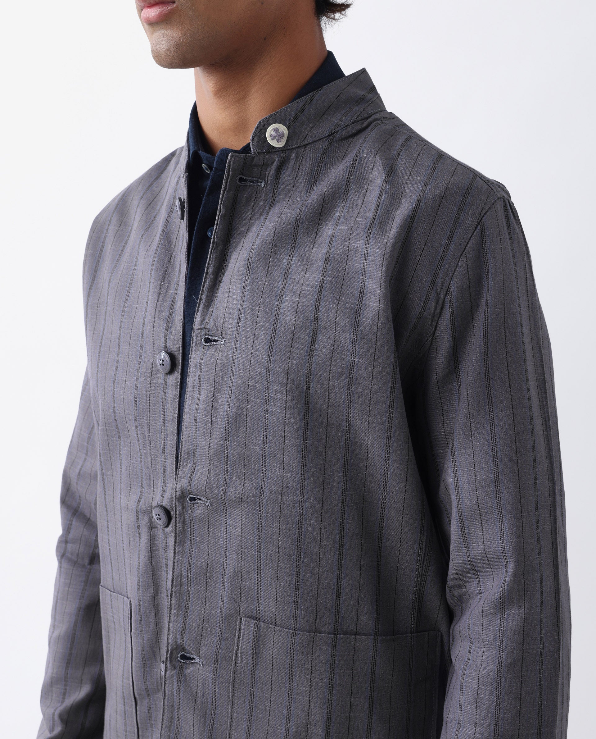 Rare Rabbit Men's Miler Dusky Purple Linen Blend Striped Print Regular Fit Full Sleeve Mandarin Collar Jacket - Image 7