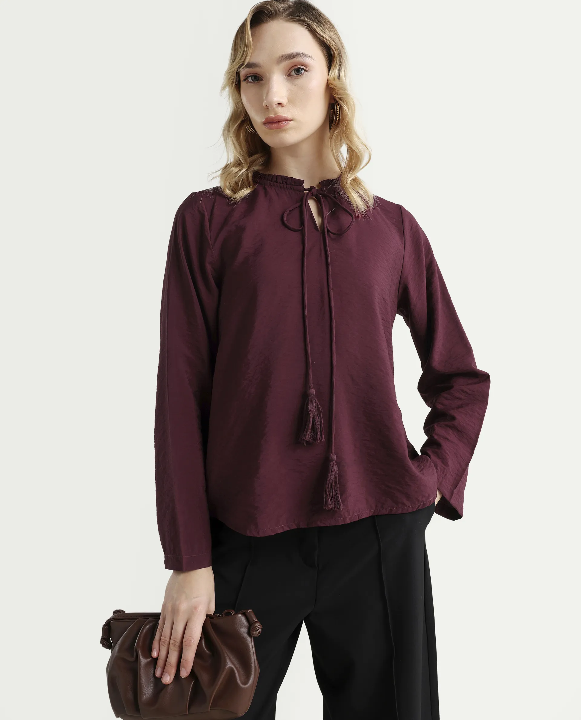 Rareism Women's Mili Maroon Nylon Blend Sweetheart Neck Plain Ruffled Sleeve Regular Fit Top