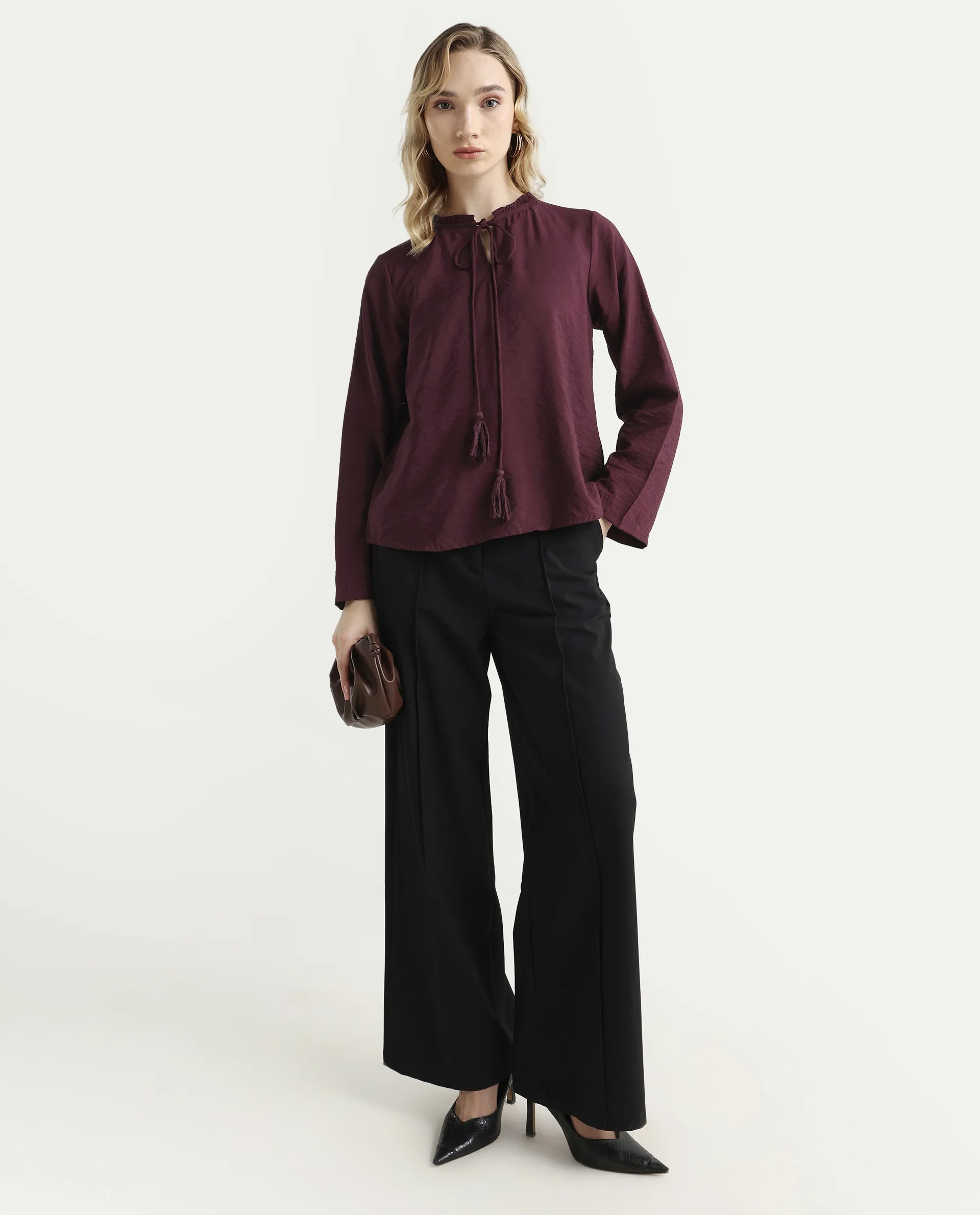 Rareism Women's Mili Maroon Nylon Blend Sweetheart Neck Plain Ruffled Sleeve Regular Fit Top - Image 2