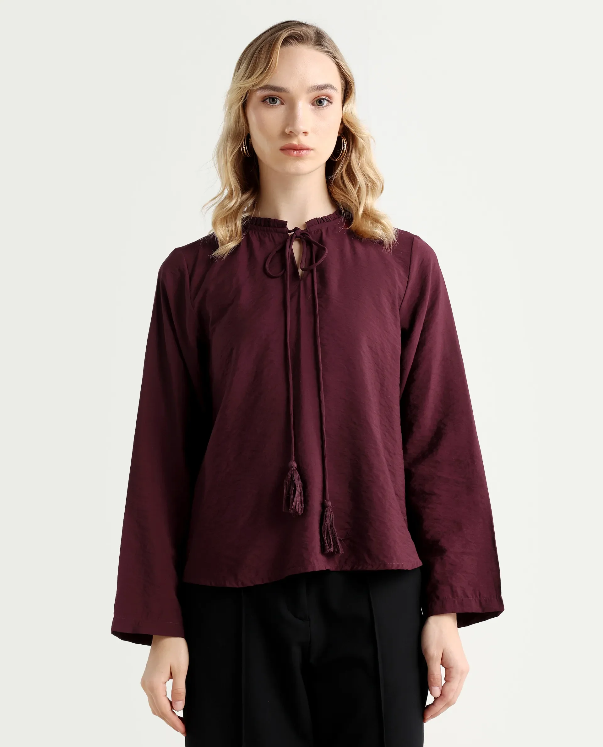 Rareism Women's Mili Maroon Nylon Blend Sweetheart Neck Plain Ruffled Sleeve Regular Fit Top - Image 3