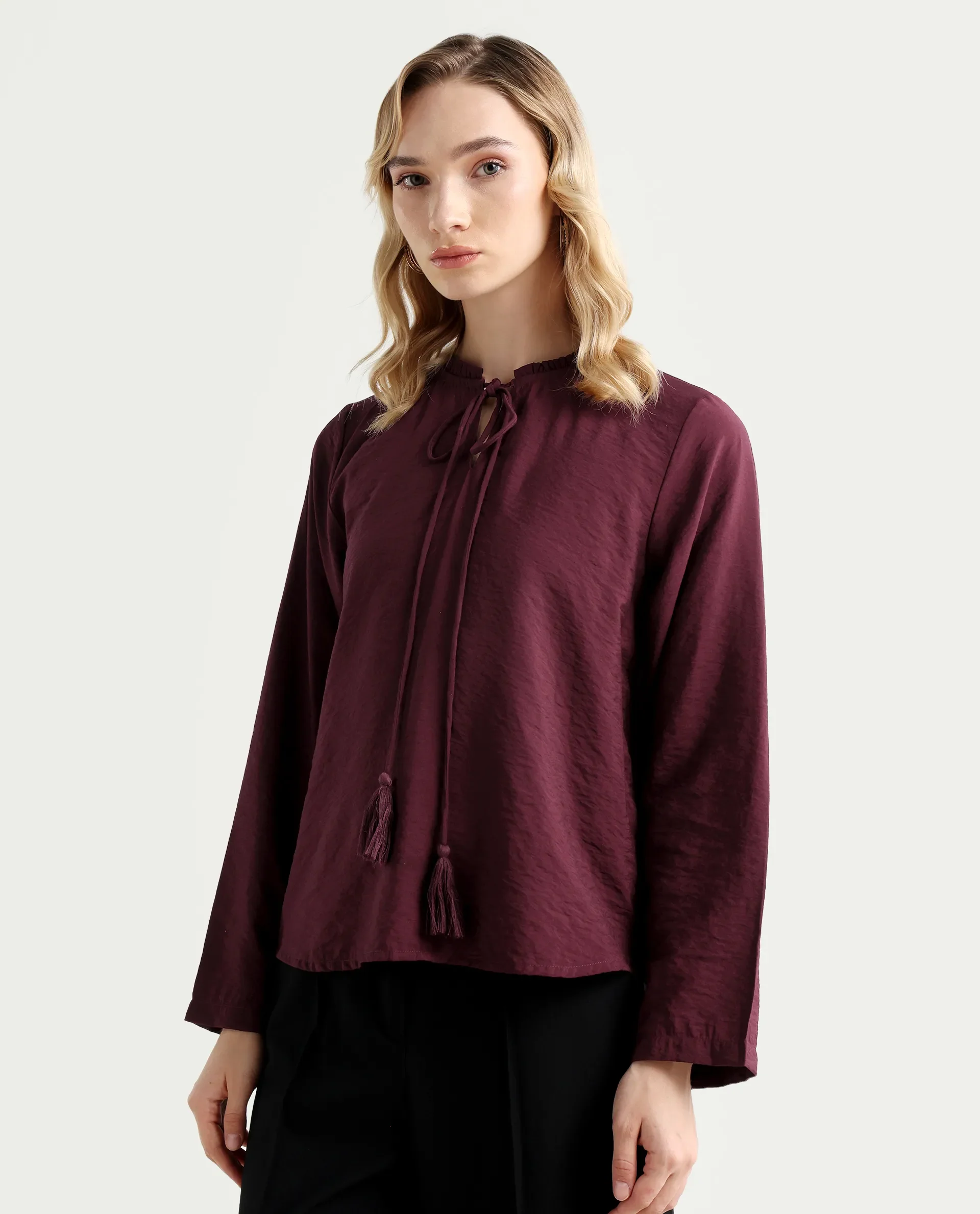 Rareism Women's Mili Maroon Nylon Blend Sweetheart Neck Plain Ruffled Sleeve Regular Fit Top - Image 5