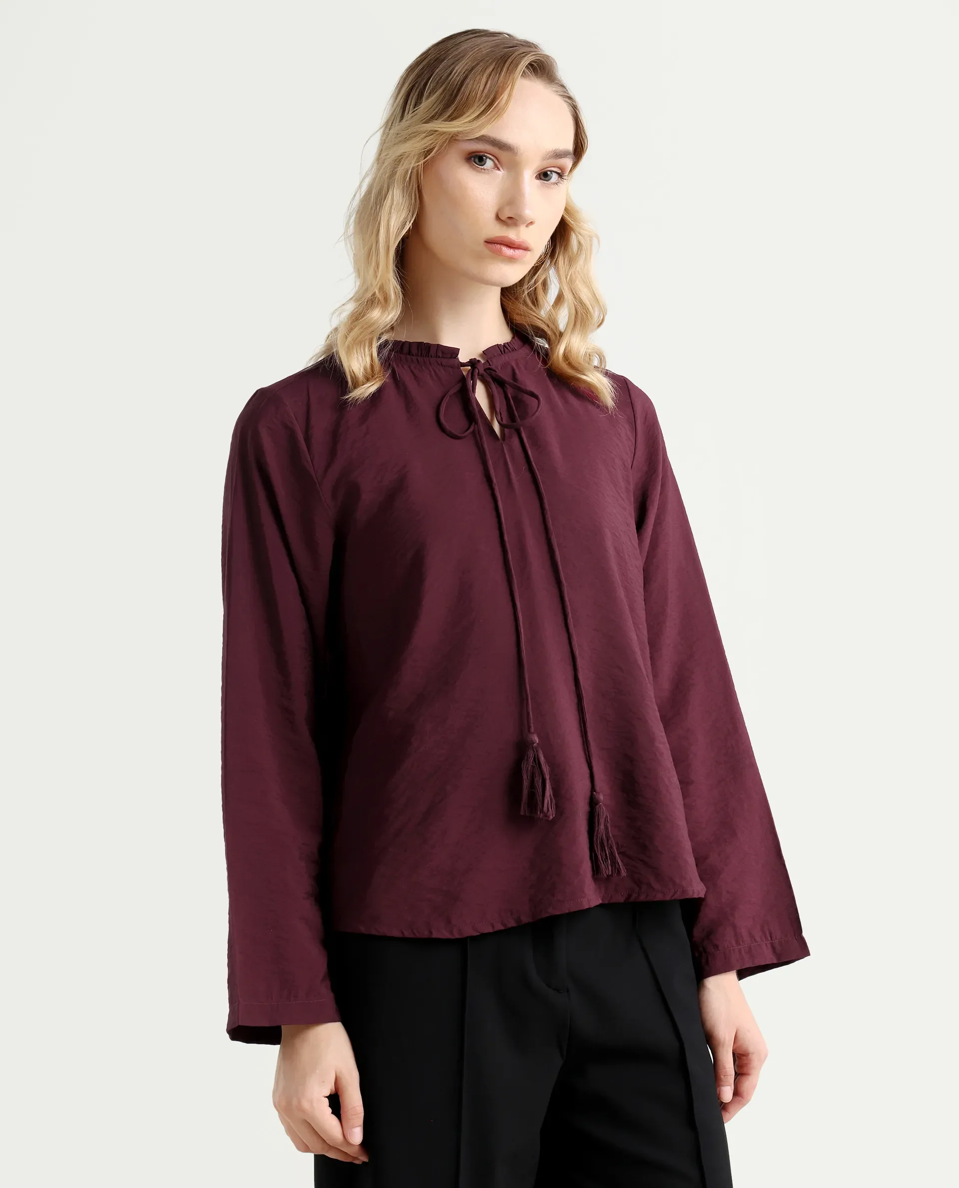 Rareism Women's Mili Maroon Nylon Blend Sweetheart Neck Plain Ruffled Sleeve Regular Fit Top - Image 6