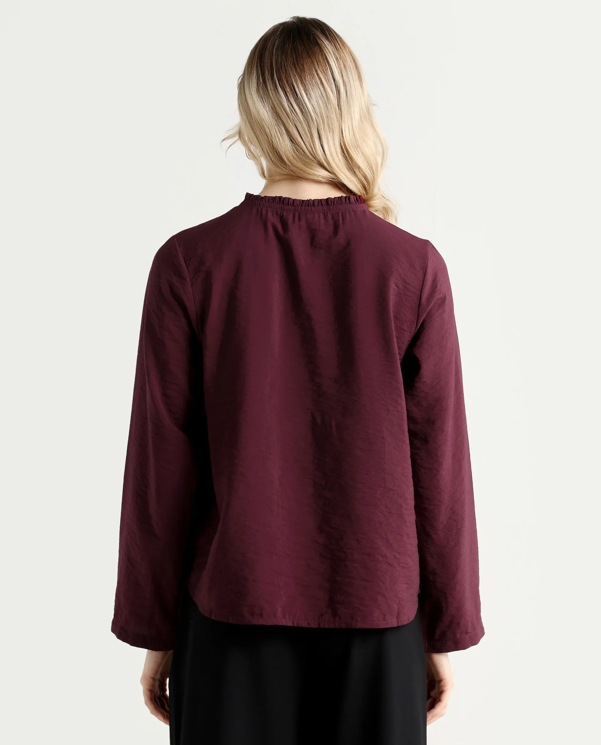 Rareism Women's Mili Maroon Nylon Blend Sweetheart Neck Plain Ruffled Sleeve Regular Fit Top - Image 7