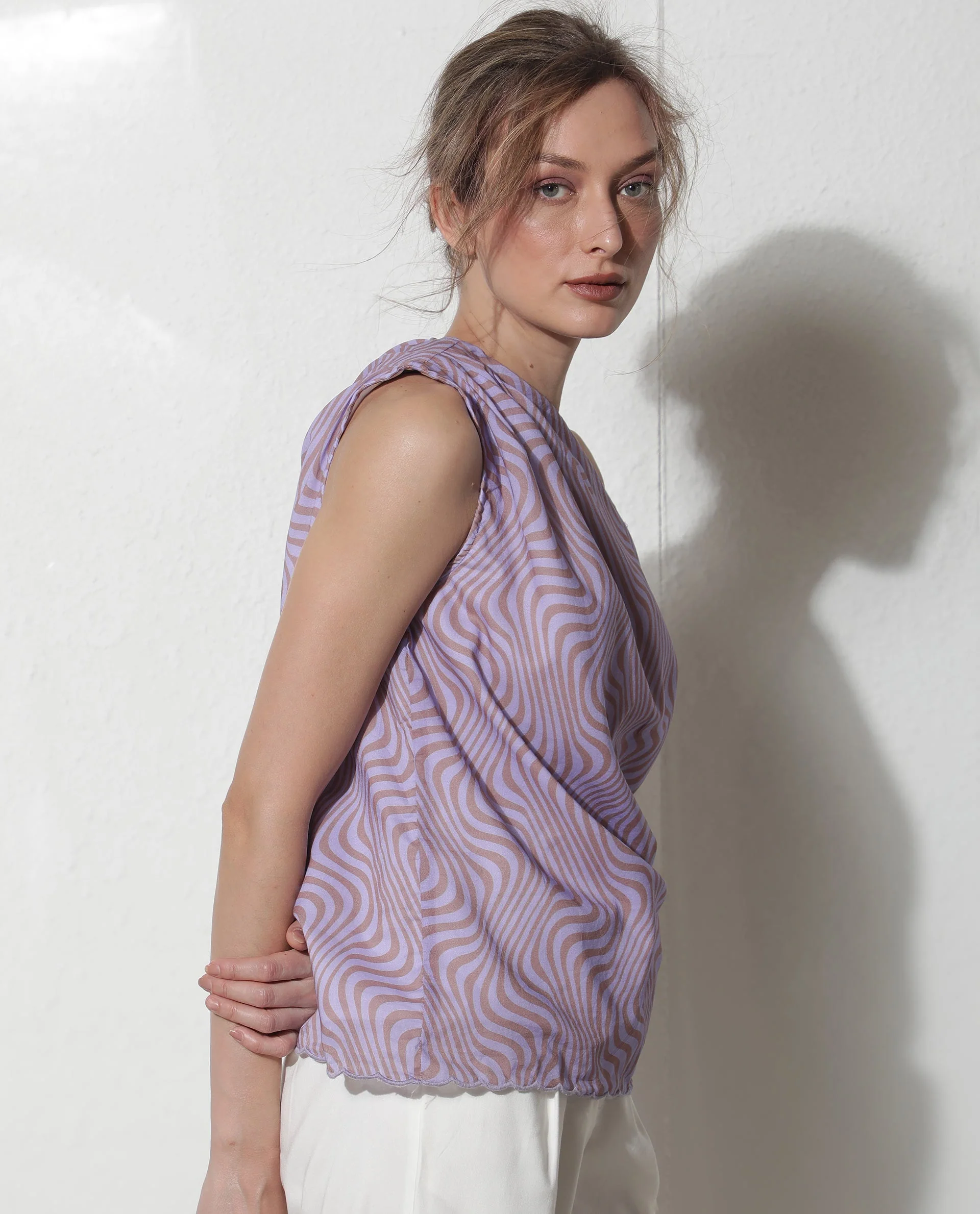 Rareism Women's Milio Purple Cotton Tube Neck Geometric Print Sleeveless Regular Fit Top - Image 9