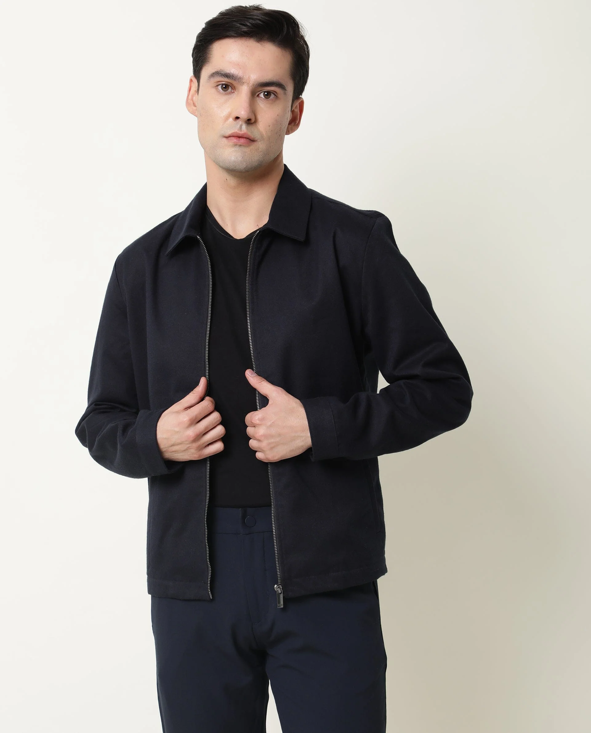 Rare Rabbit Men's Milken Navy Plain Regular Fit Full Sleeve Jacket - Image 3