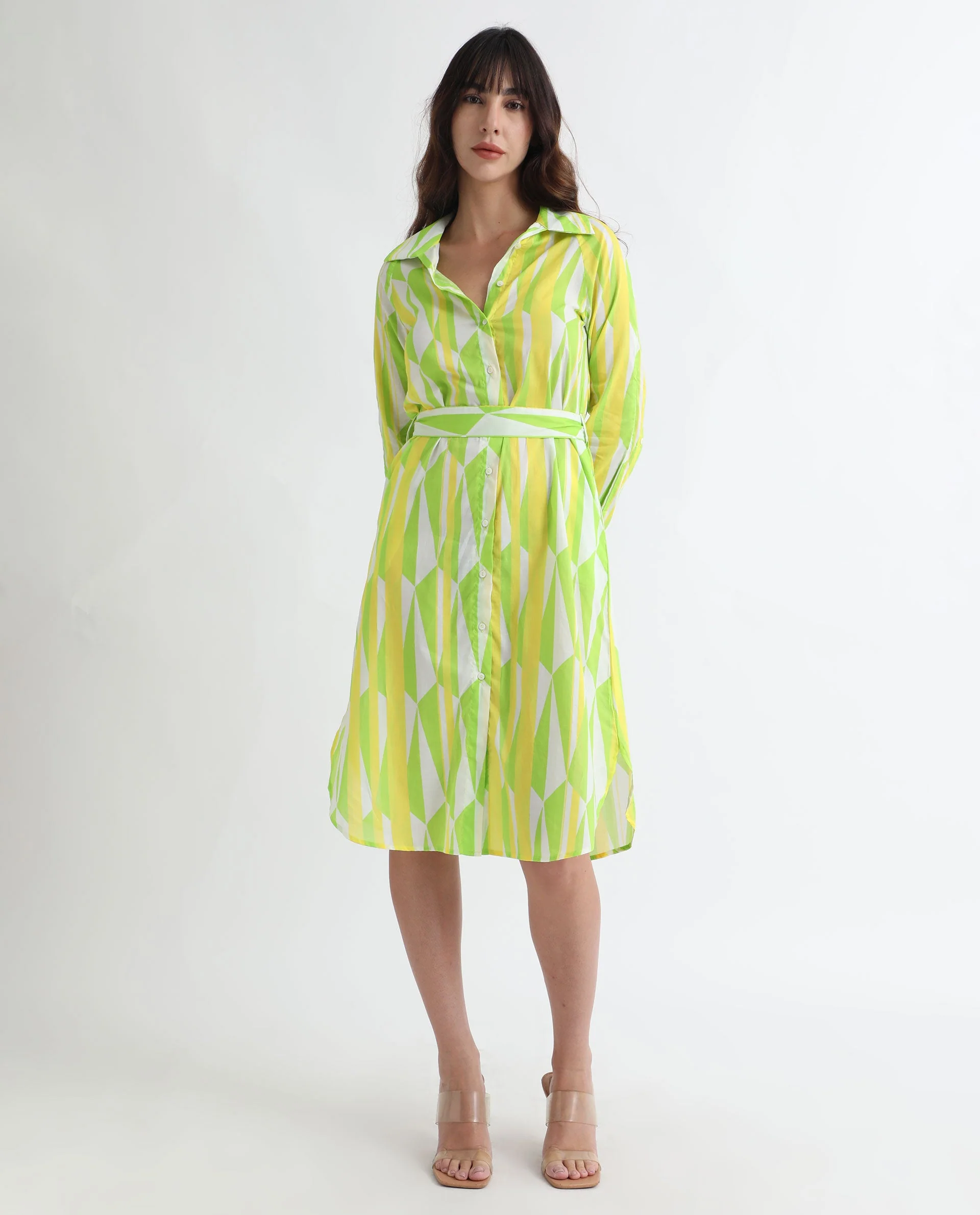 Rareism Women's Miller Multi Cotton Spread Collar Abstract Print Cuffed Sleeve Midi Regular Fit Dress