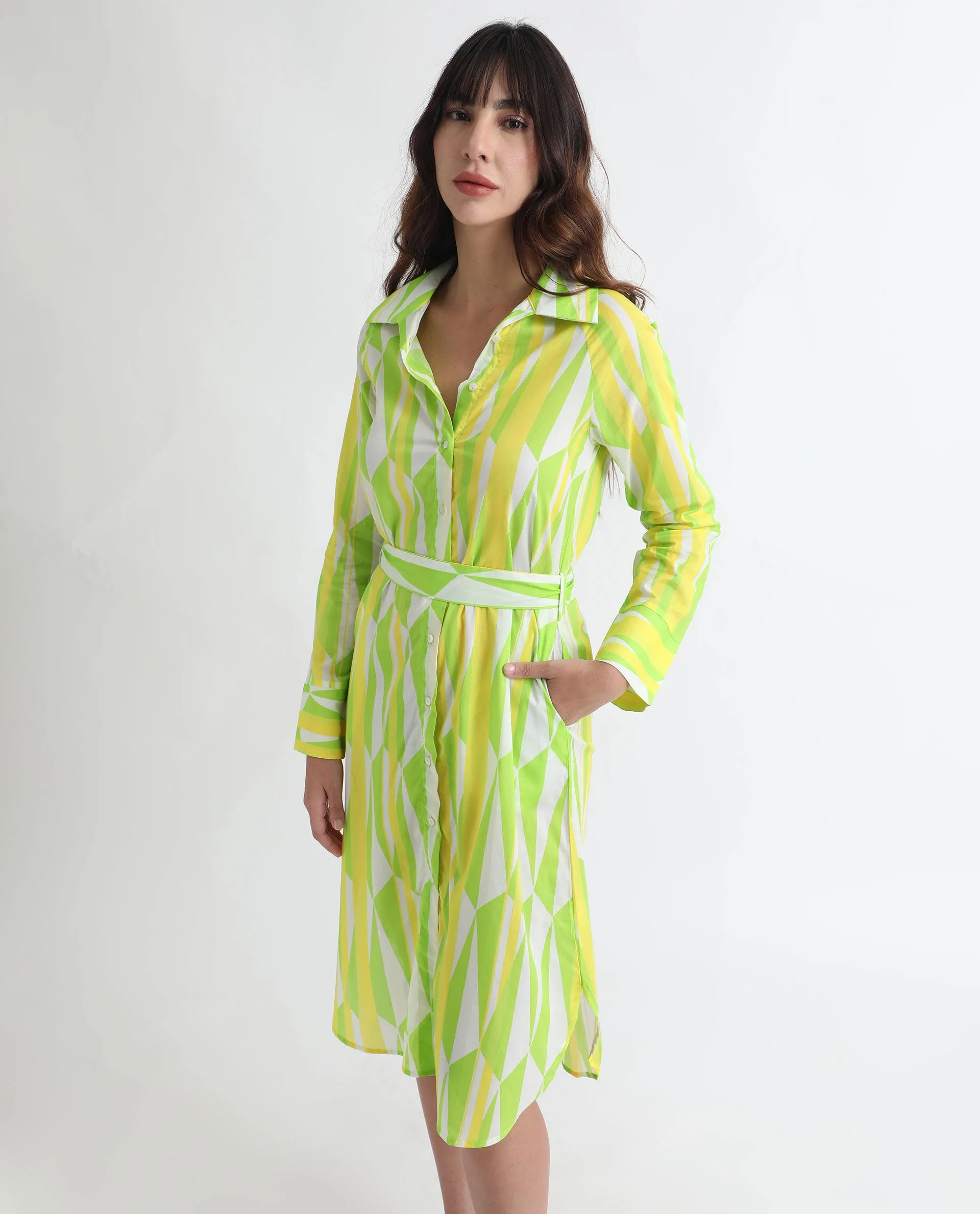 Rareism Women's Miller Multi Cotton Spread Collar Abstract Print Cuffed Sleeve Midi Regular Fit Dress - Image 3