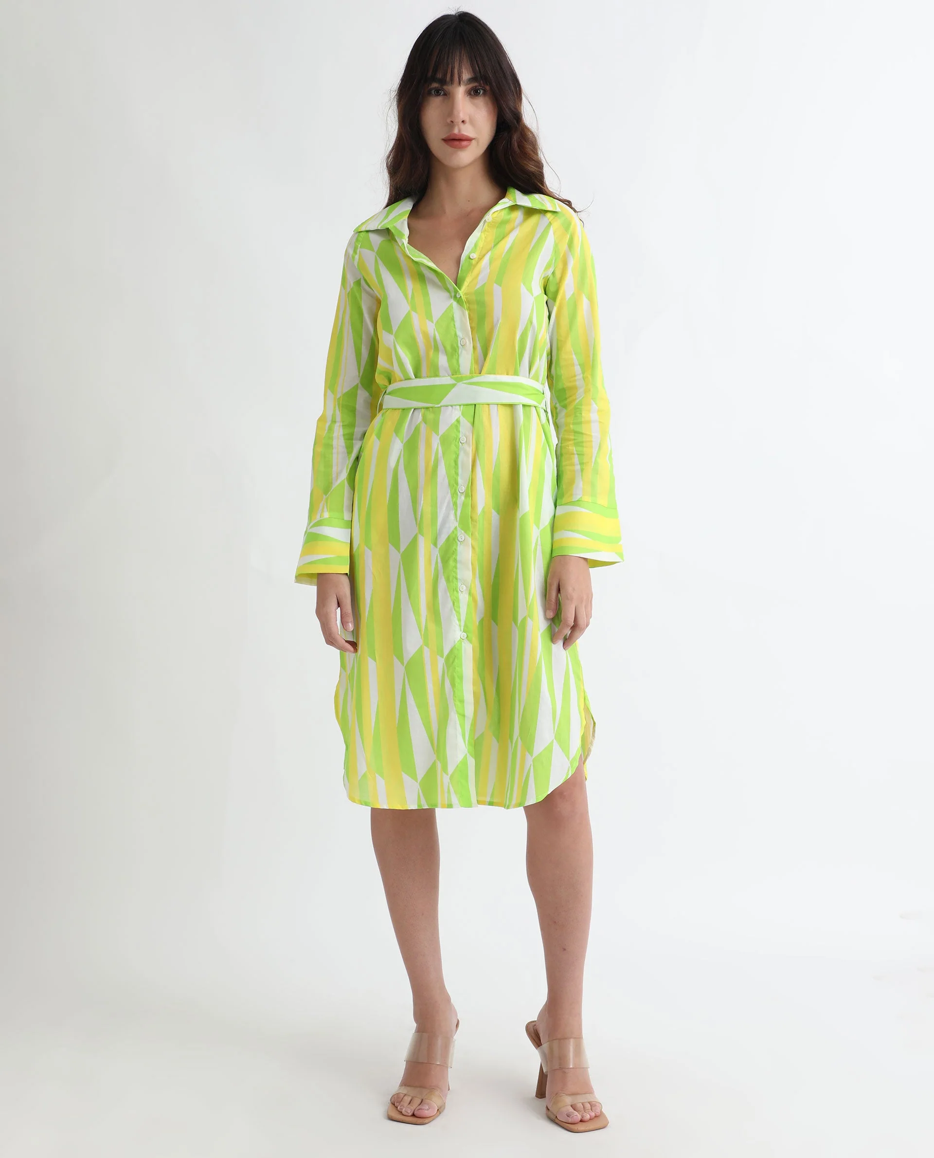 Rareism Women's Miller Multi Cotton Spread Collar Abstract Print Cuffed Sleeve Midi Regular Fit Dress - Image 4