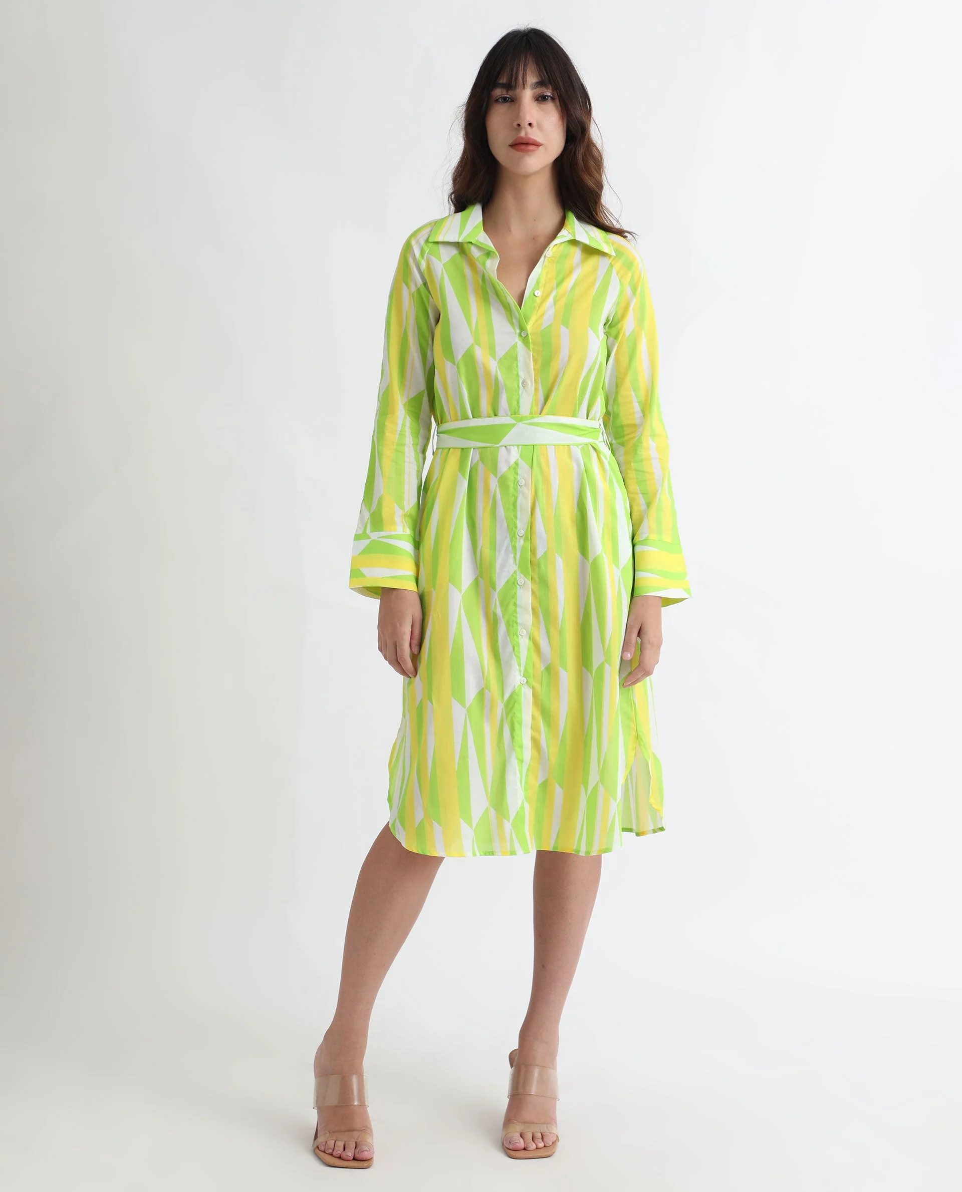 Rareism Women's Miller Multi Cotton Spread Collar Abstract Print Cuffed Sleeve Midi Regular Fit Dress - Image 5